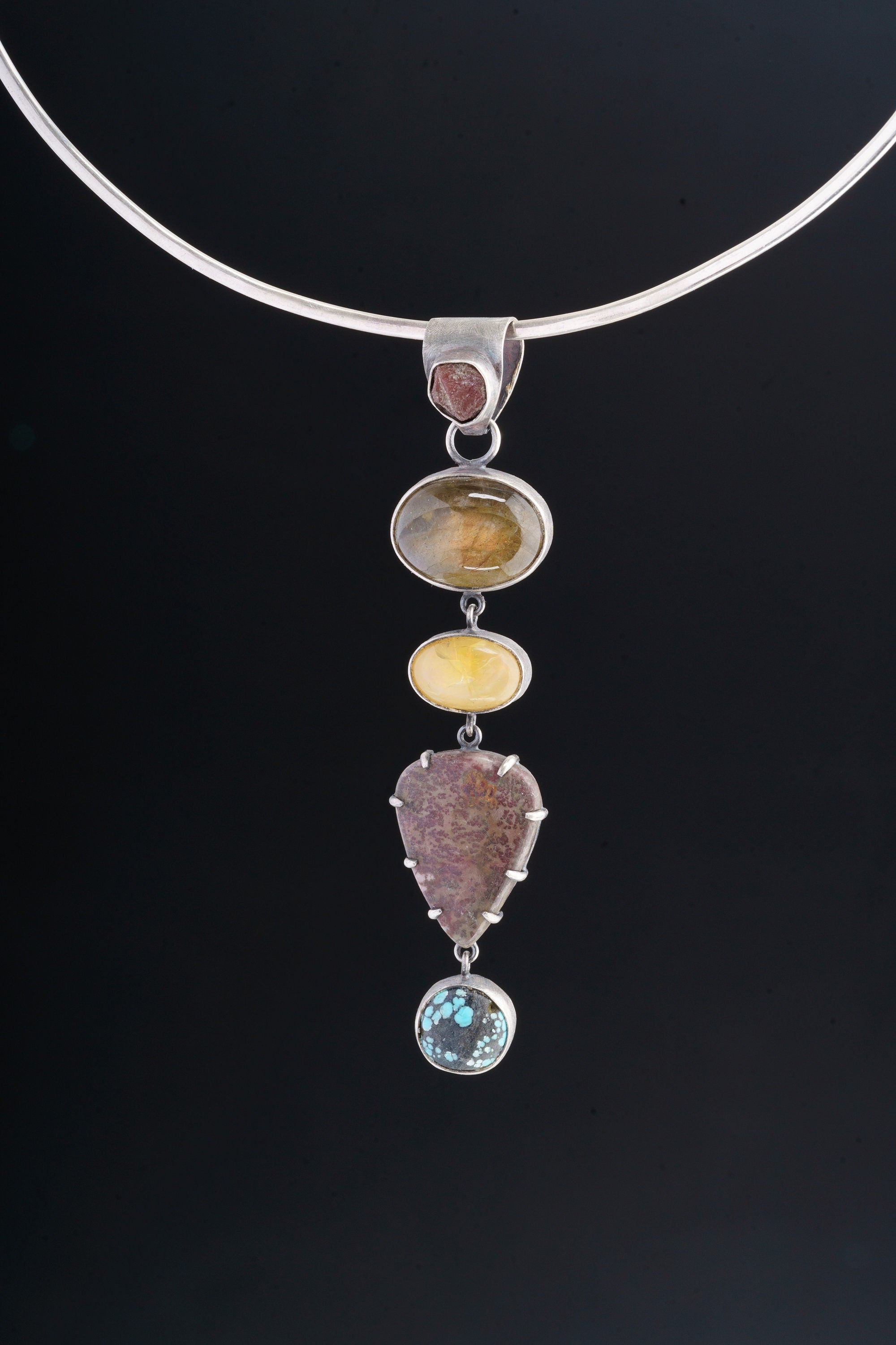 Record Keeper Ruby, Labradorite, Ethiopian Opal, Jasper, Himalayan Turquoise - Sterling Silver Pendant - Textured & Oxidized