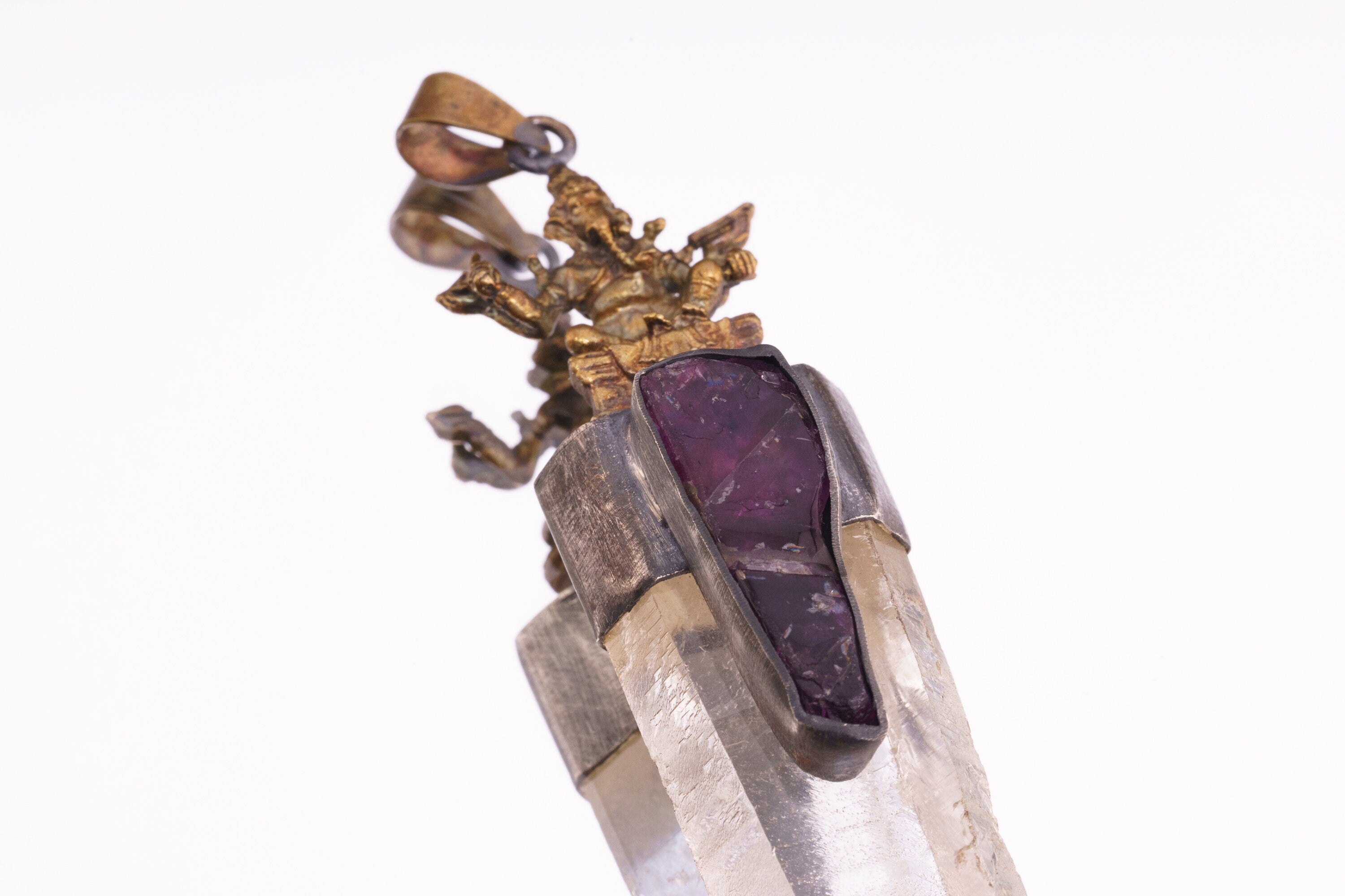 Divine Ganesha: Lemurian Quartz Point & Raw gemmy Amethyst - Brushed Sterling Silver Set - Brass Cast Ganesha - Crystal Pendant