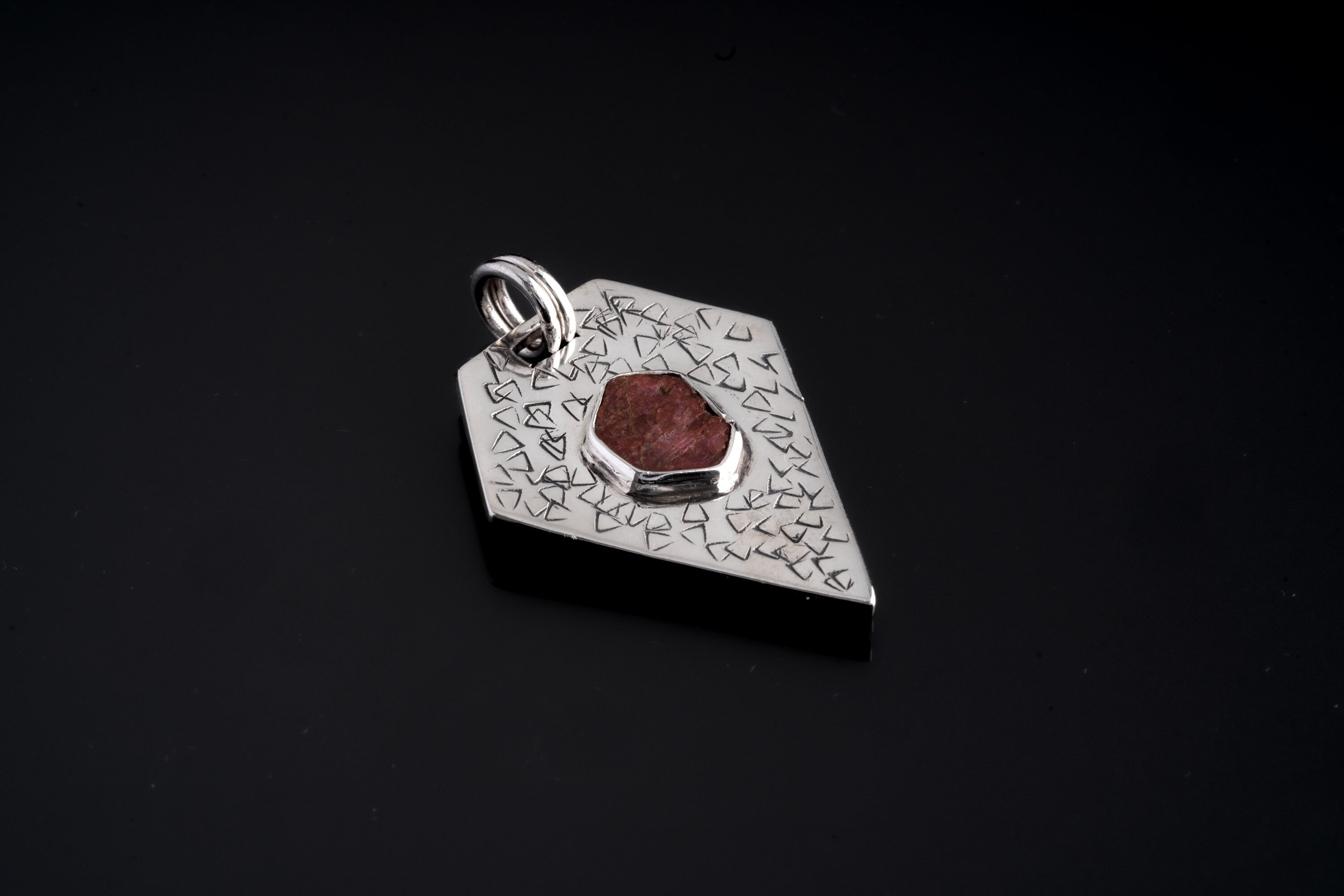 Pentagon-Shaped Record Keeper Ruby Muse Pendant, Sterling Silver, Textured & Shiny Finish, Root Chakra, Leo Zodiac, Unique Gift