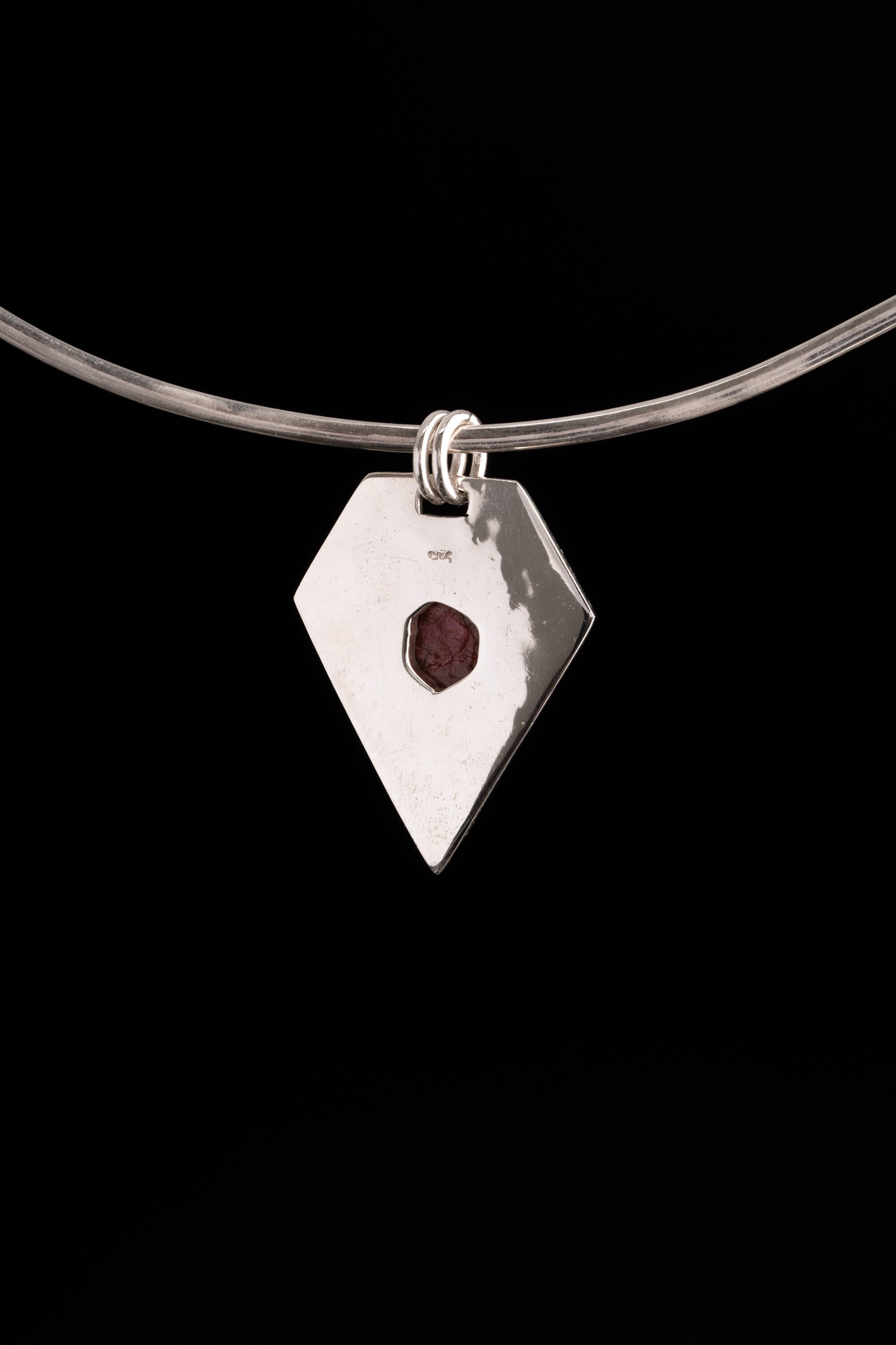 Pentagon-Shaped Record Keeper Ruby Muse Pendant, Sterling Silver, Textured & Shiny Finish, Root Chakra, Leo Zodiac, Unique Gift