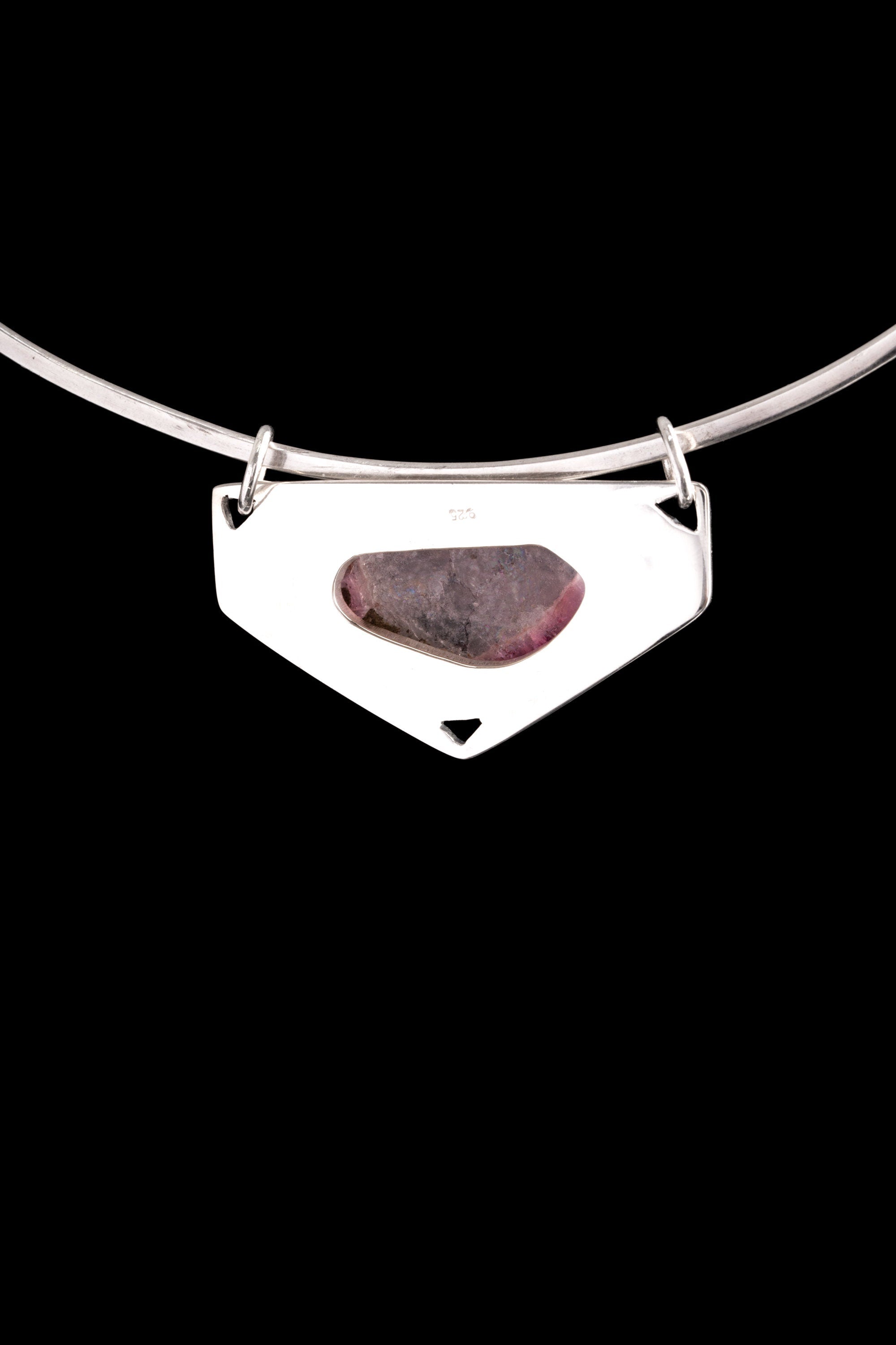 Polished Slice of Gemmy Watermelon Tourmaline Pendant,Sterling Silver, Shiny Finish, Textured Design,Heart Chakra,Libra Zodiac, Unique Gift