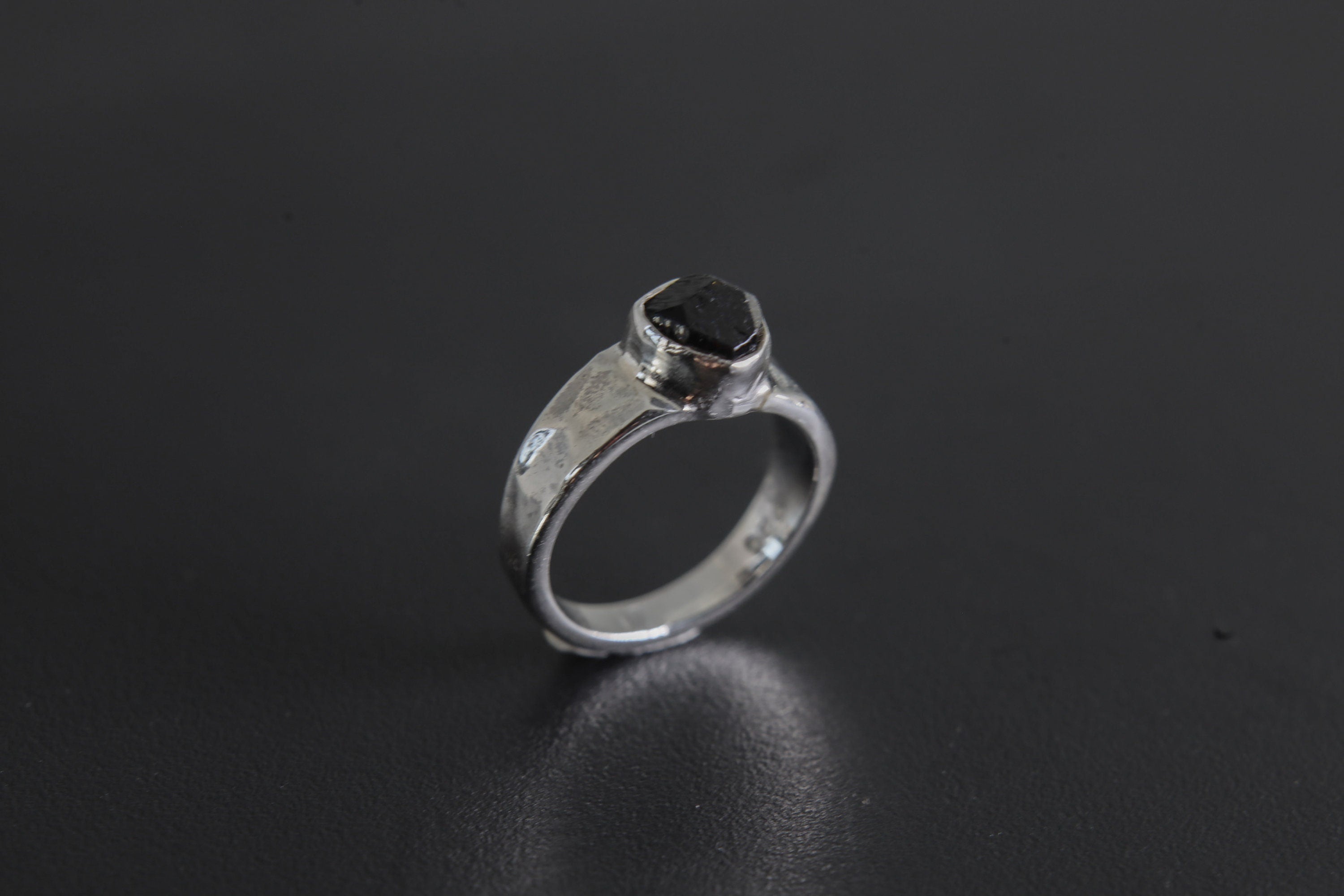 Hammered Black Tourmaline Ring: 925 Sterling Silver, High Shine