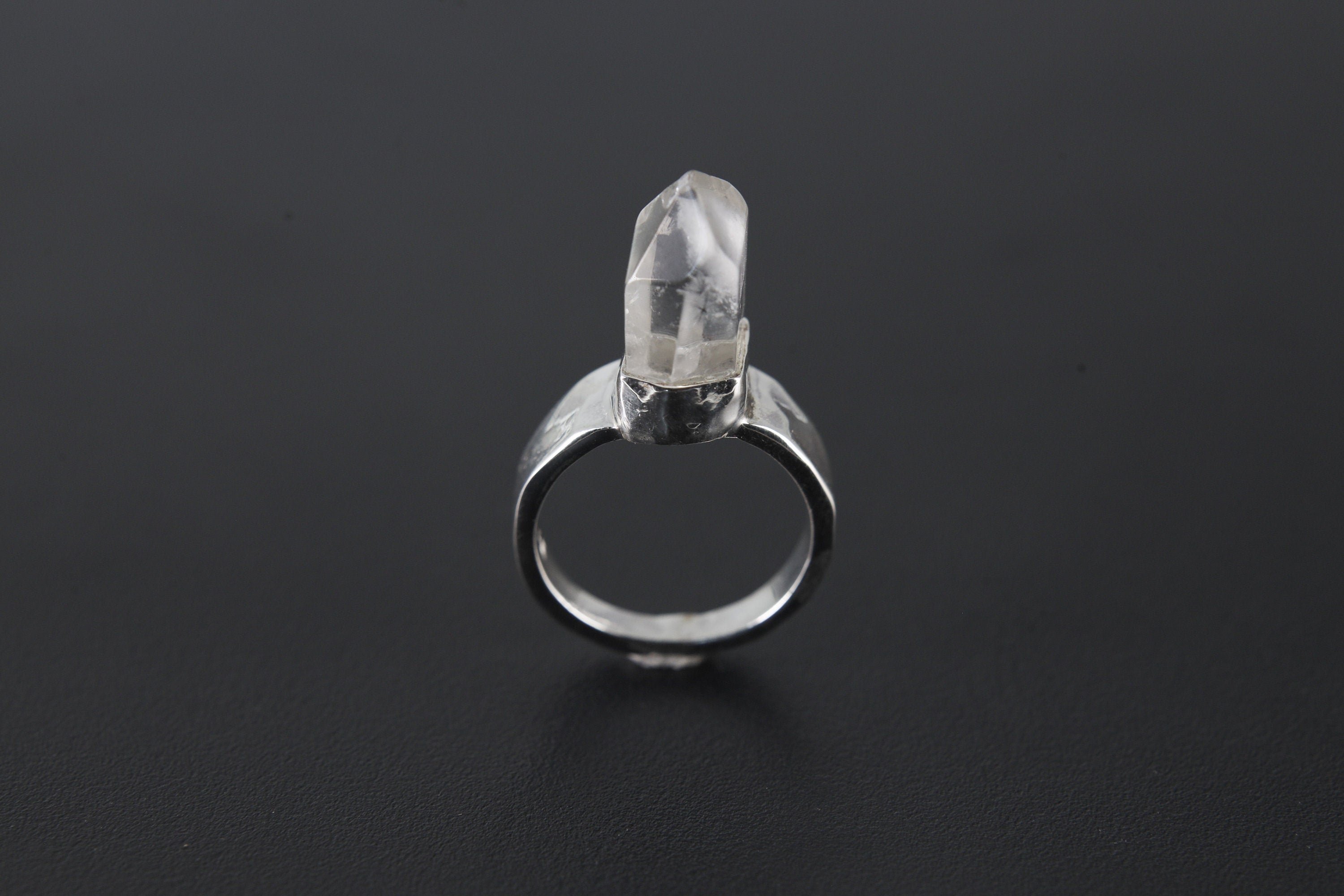 Cacoxenite Quartz Ring 925 Sterling Silver Hammered Band Point Crystal Third Eye Crown Chakra Protection Gift Size 5