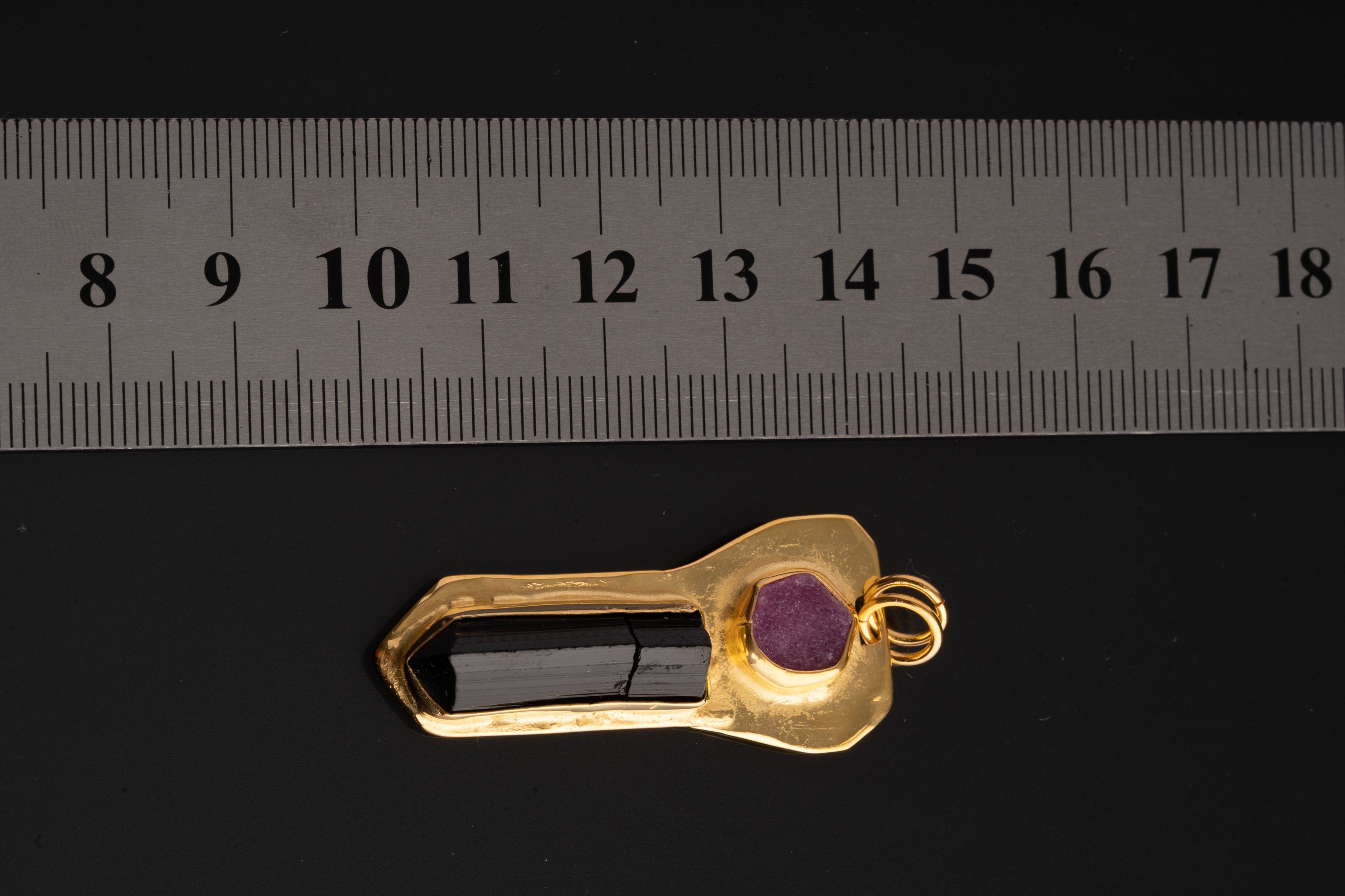 Brass Pendant adorned with Ruby & Black Tourmaline - Gold Plated - Double Bail Design