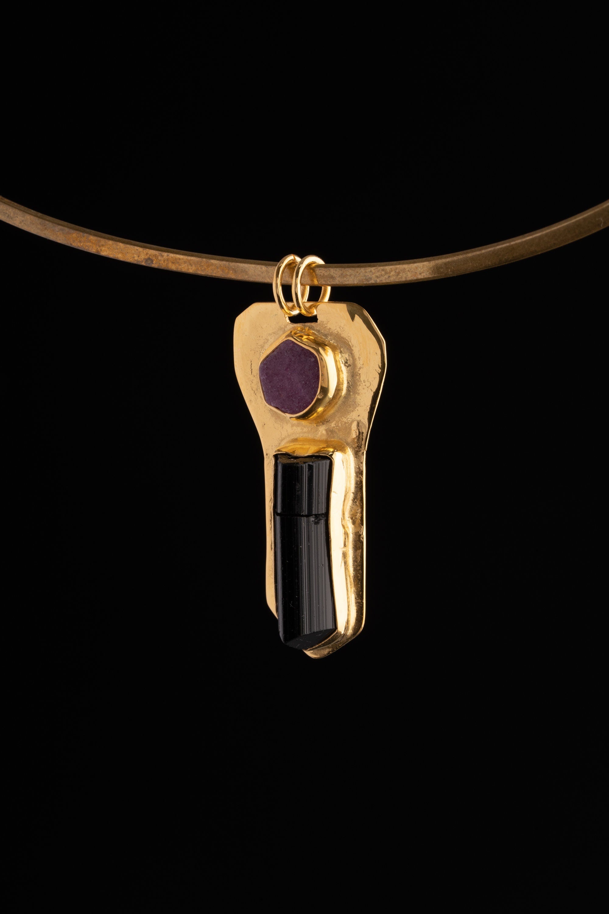 Brass Pendant adorned with Ruby & Black Tourmaline - Gold Plated - Double Bail Design