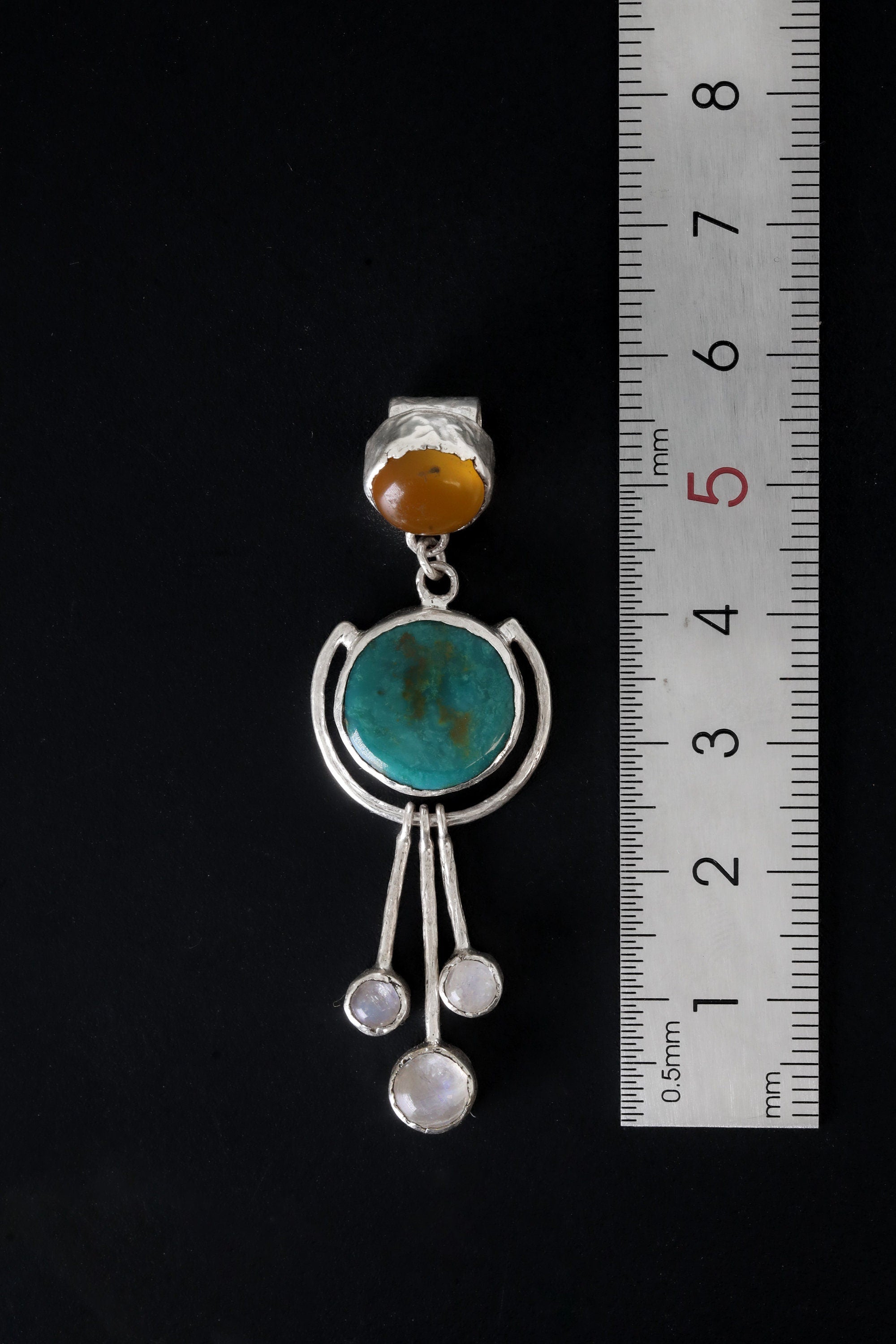 Turquoise Pendant with Three Dangling Moonstones and Radiant Carnelian, Textured Polished Sterling Silver