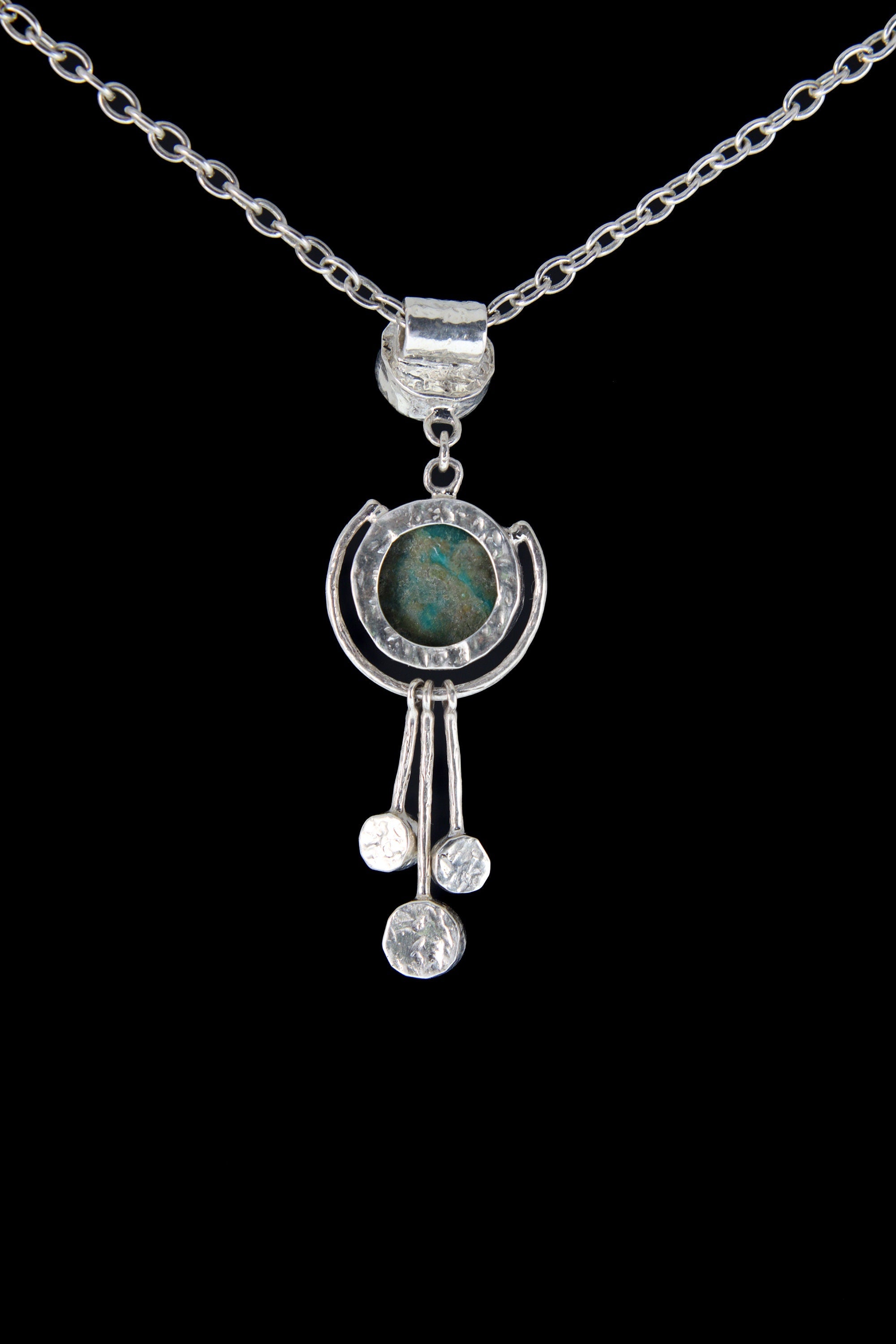 Turquoise Pendant with Three Dangling Moonstones and Radiant Carnelian, Textured Polished Sterling Silver