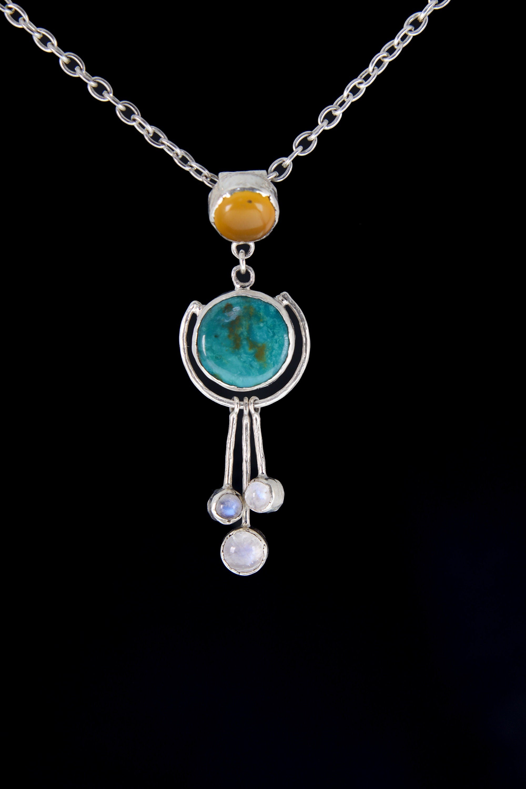 Turquoise Pendant with Three Dangling Moonstones and Radiant Carnelian, Textured Polished Sterling Silver