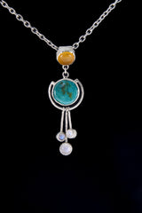 Astral Round Turquoise Pendant with Three Dangling Moonstones, Radiant Carnelian - Textured Polished Sterling Silver - Clarity & Creativity