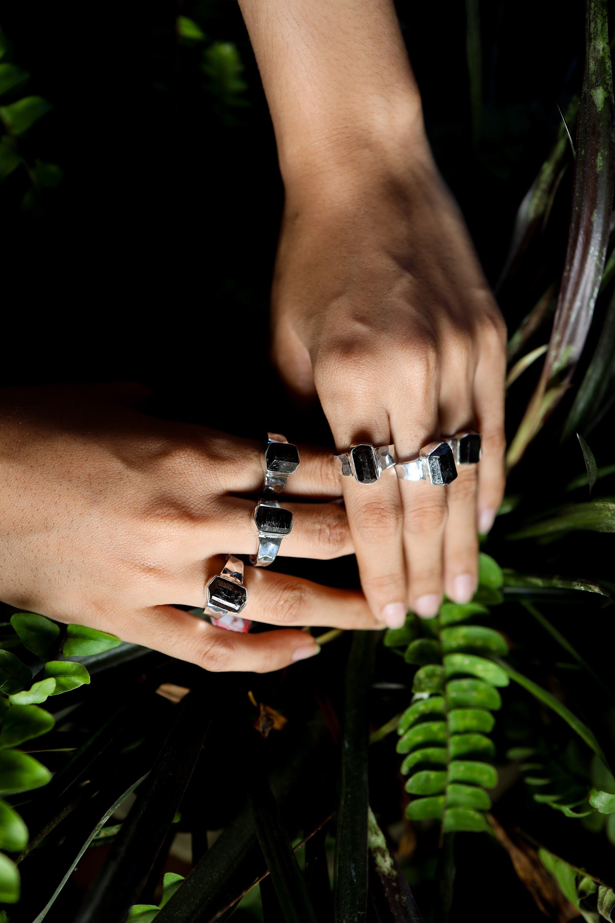 Double Terminated Black Tourmaline Ring - Hammered - 925 Sterling Silver Setting - Unisex - High Shine Polish - Protection & Grounding