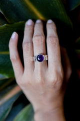 Deep Purple Round Amethyst Quartz Cabochon Ring - Hammered - 925 Sterling Silver - Unisex - High Shine Polish - Promotes Calm & Intuition