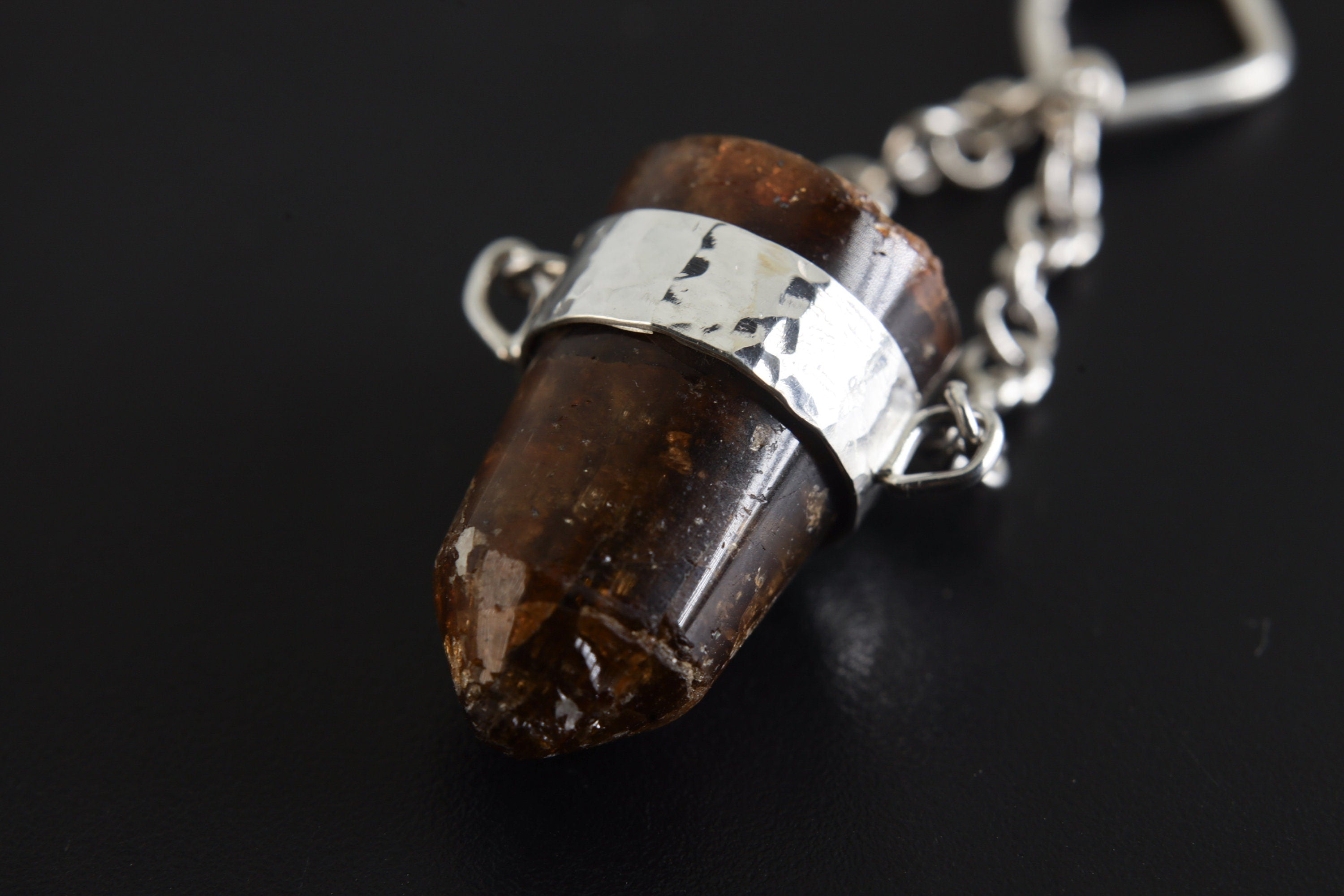 Earthen Bullet Brown Tourmaline - Sterling Silver Crystal Pendant - Hammered Textured & High Polish Finish - NO/04