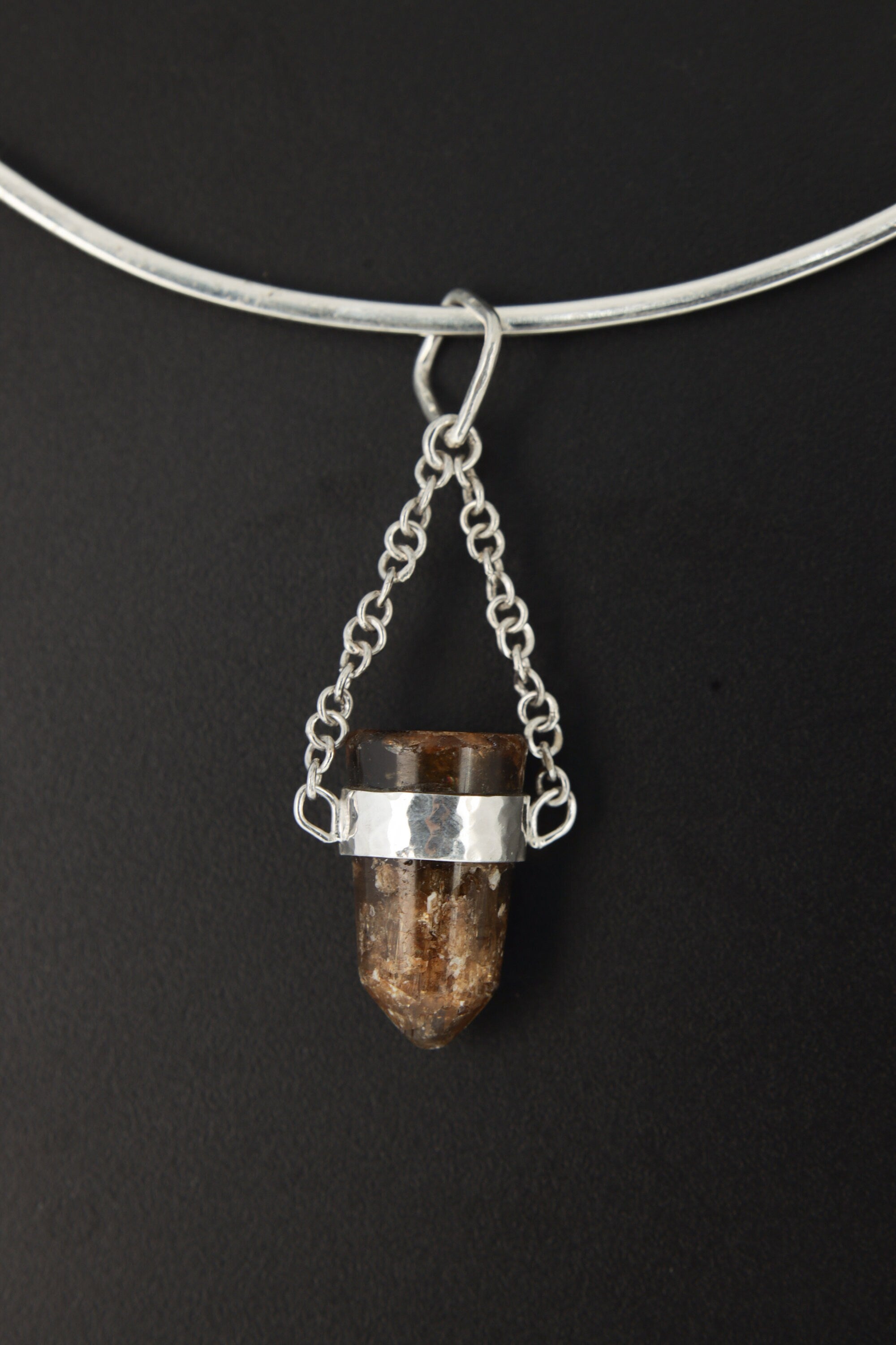 Earthen Bullet Brown Tourmaline - Sterling Silver Crystal Pendant - Hammered Textured & High Polish Finish - NO/04