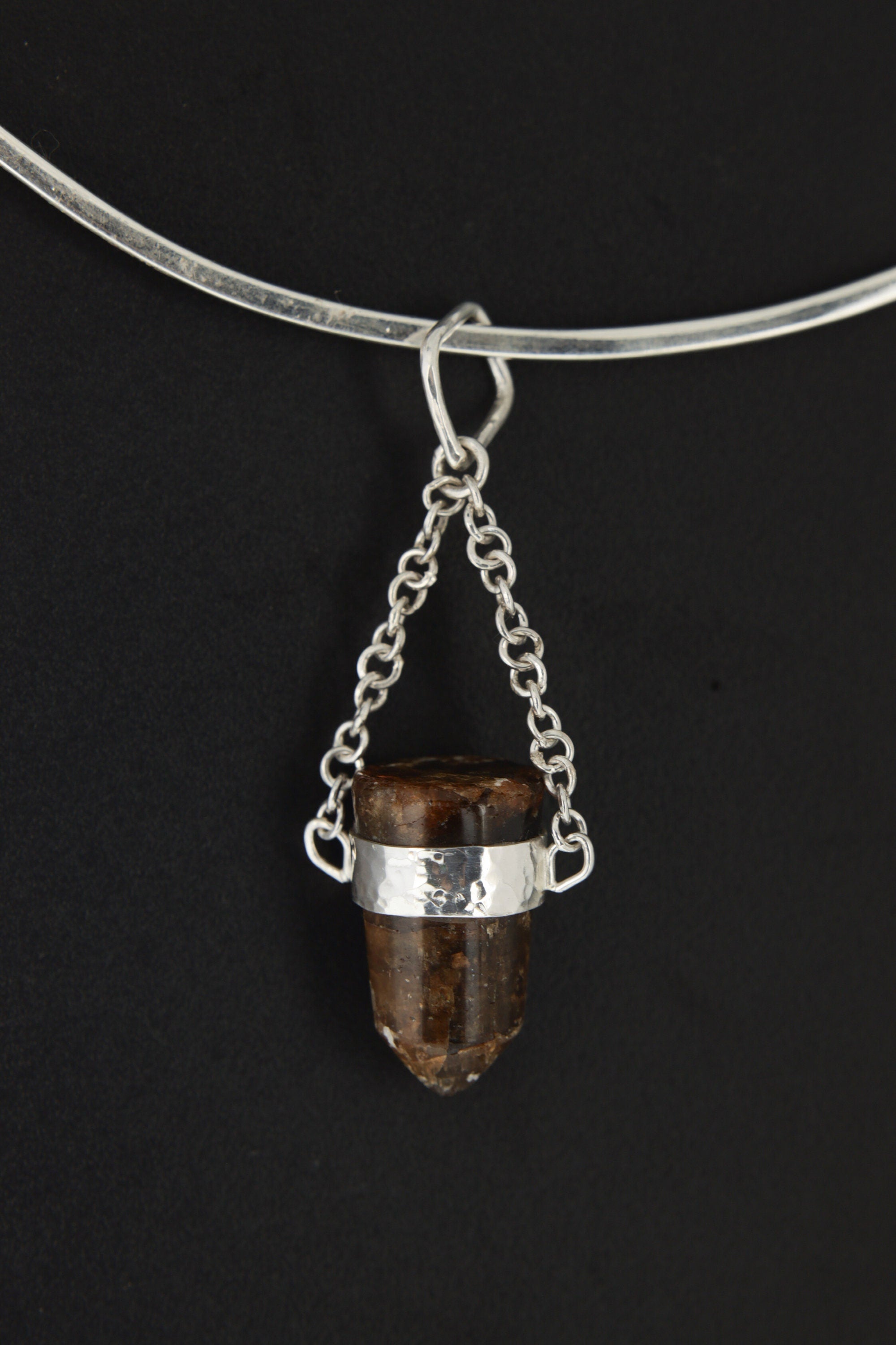 Earthen Bullet Brown Tourmaline - Sterling Silver Crystal Pendant - Hammered Textured & High Polish Finish - NO/04