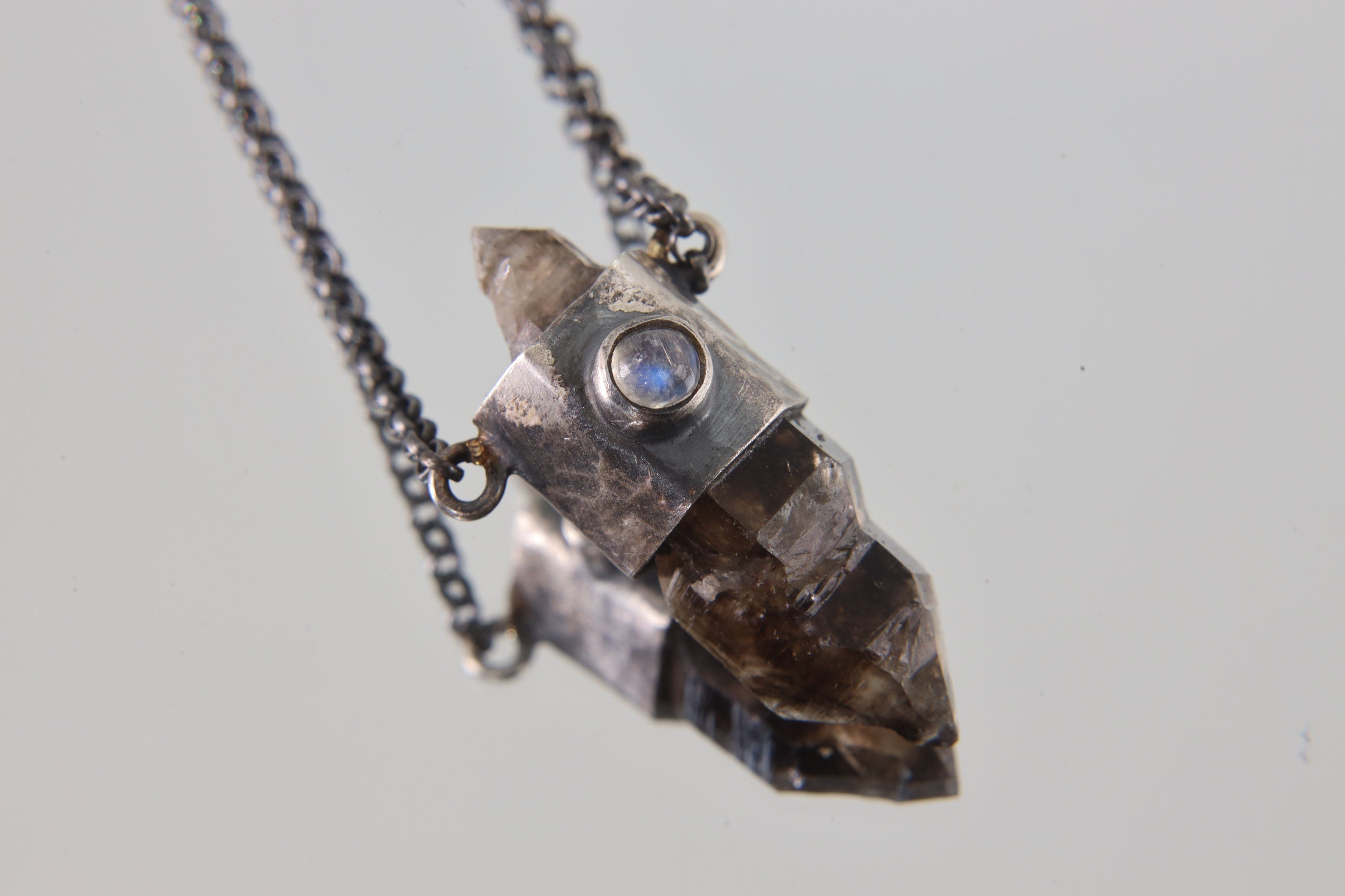 Double Terminated Morella Smoky Quartz Point, Ethiopian Opal, and Blue Moonstone - Oxidised & Textured Sterling Silver Crystal Pendant