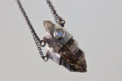 Double Terminated Morella Smoky Quartz Point, Ethiopian Opal, and Blue Moonstone - Oxidised & Textured Sterling Silver Crystal Pendant