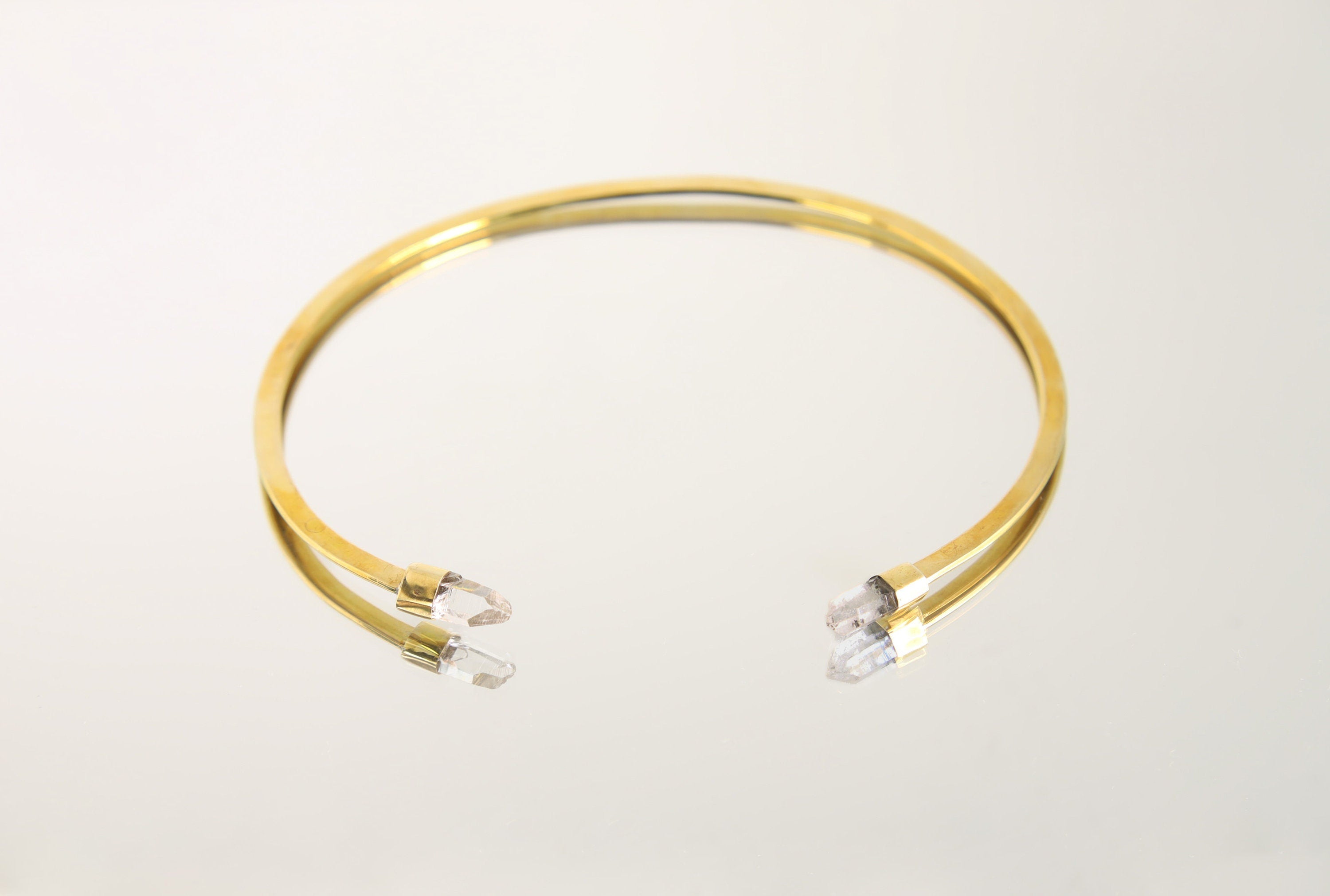Two Lemurian Clear Quartz Points set on Gold Plated Solid Brass Cuff, Golden Neck Collar, Crystal Choker, Throat Cuff Flat