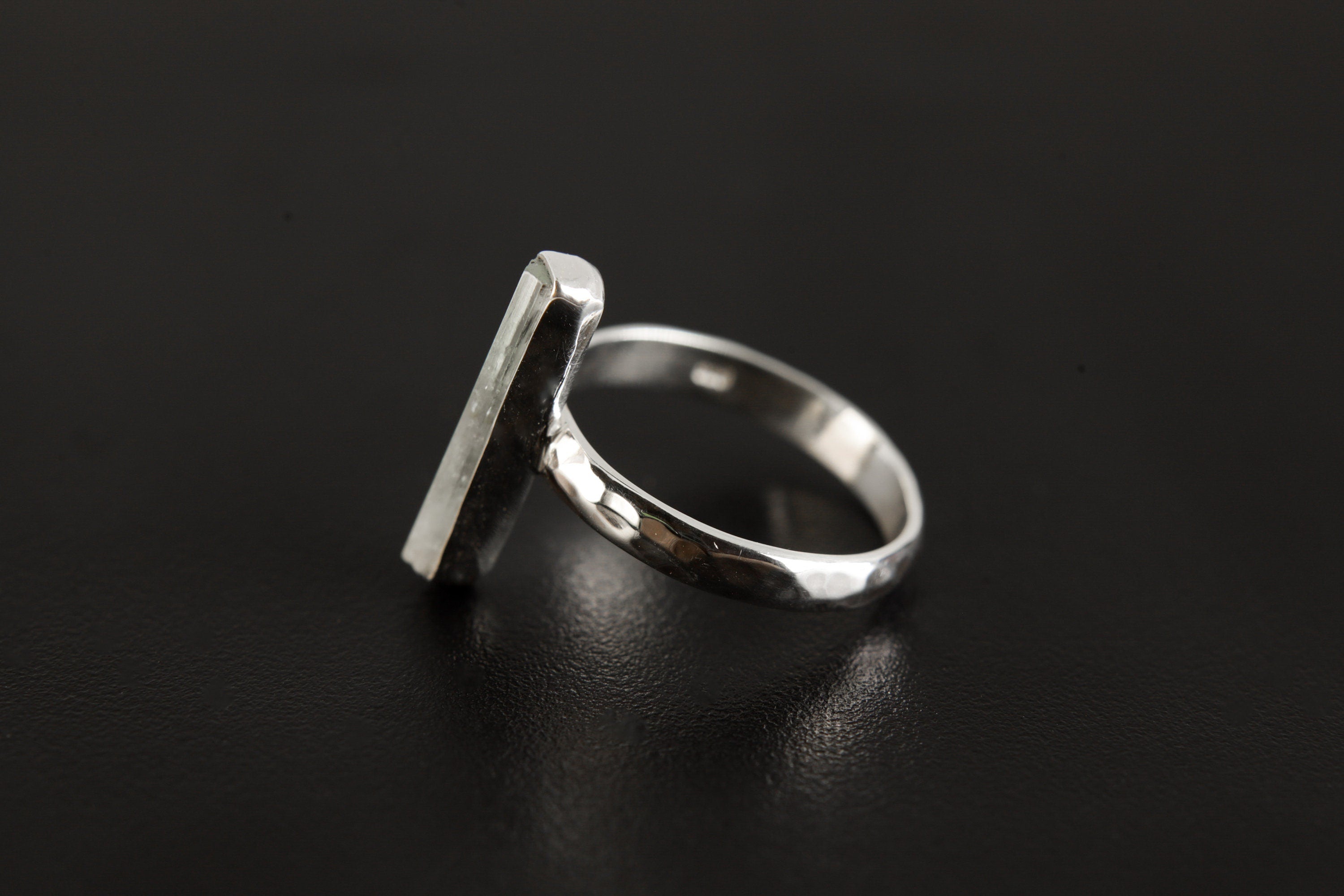 Petite Aqua Natural Fossicked Aquamarine Ring Sterling Silver Hammer Textured & Shiny Finish Band, Size 6 US, Throat Chakra, Pisces/Aquarius