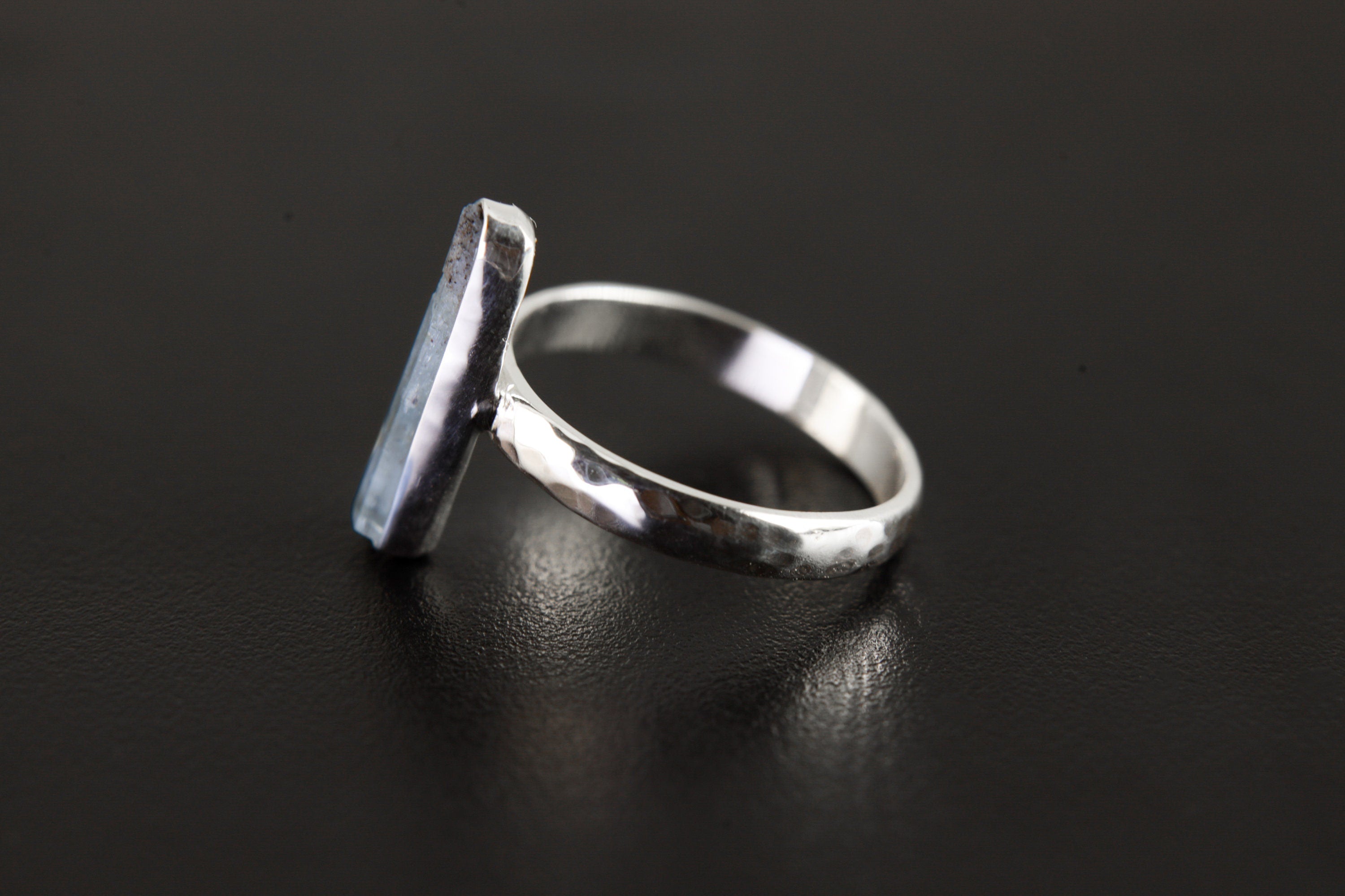 Aquamarine Ring 925 Sterling Silver Hammered Band Long Square Cut Blue Gemstone Throat Chakra Pisces Gift