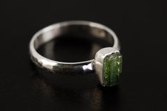 Green Tourmaline Silver Ring 925 High Polish Hammered Band Natural Verdelite Gemstone Heart Chakra Jewelry Gift Size 6