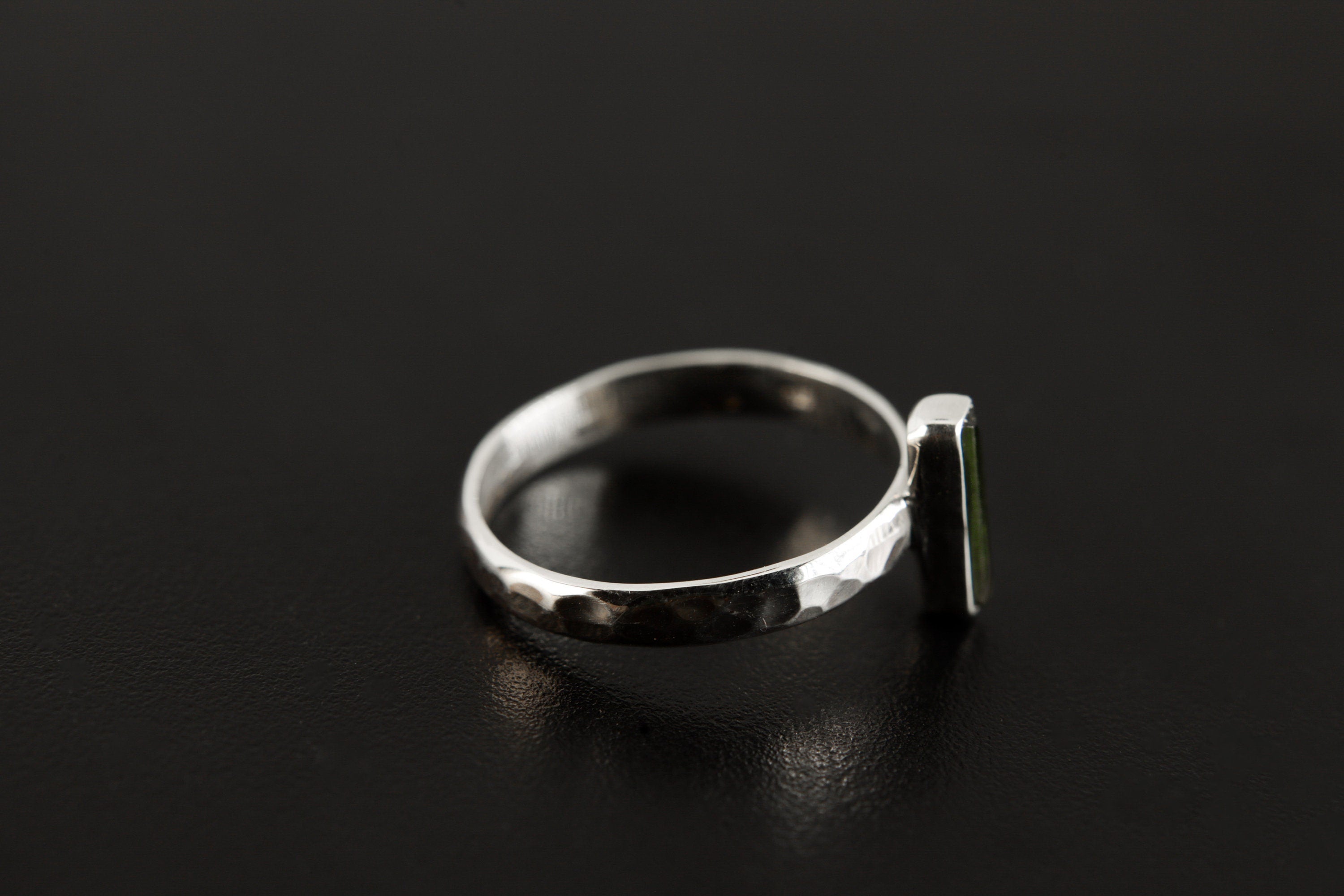 Green Tourmaline Ring: Hammered Sterling Silver Band, Size 8