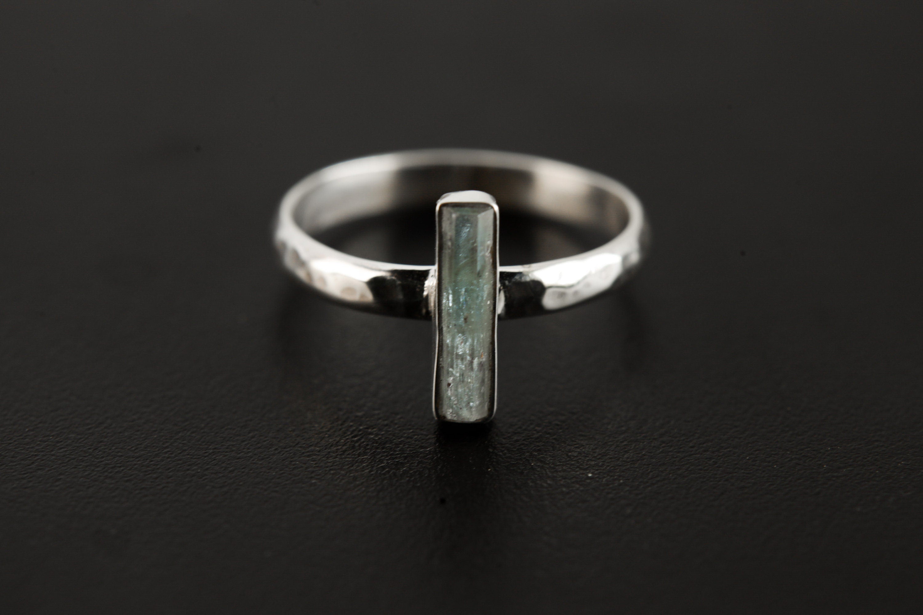 Sterling Silver Ring with Australian Gem Aquamarine, Hammer Textured & Shiny Half Round Band, Size 8 US, Throat Chakra, Pisces/Aquarius