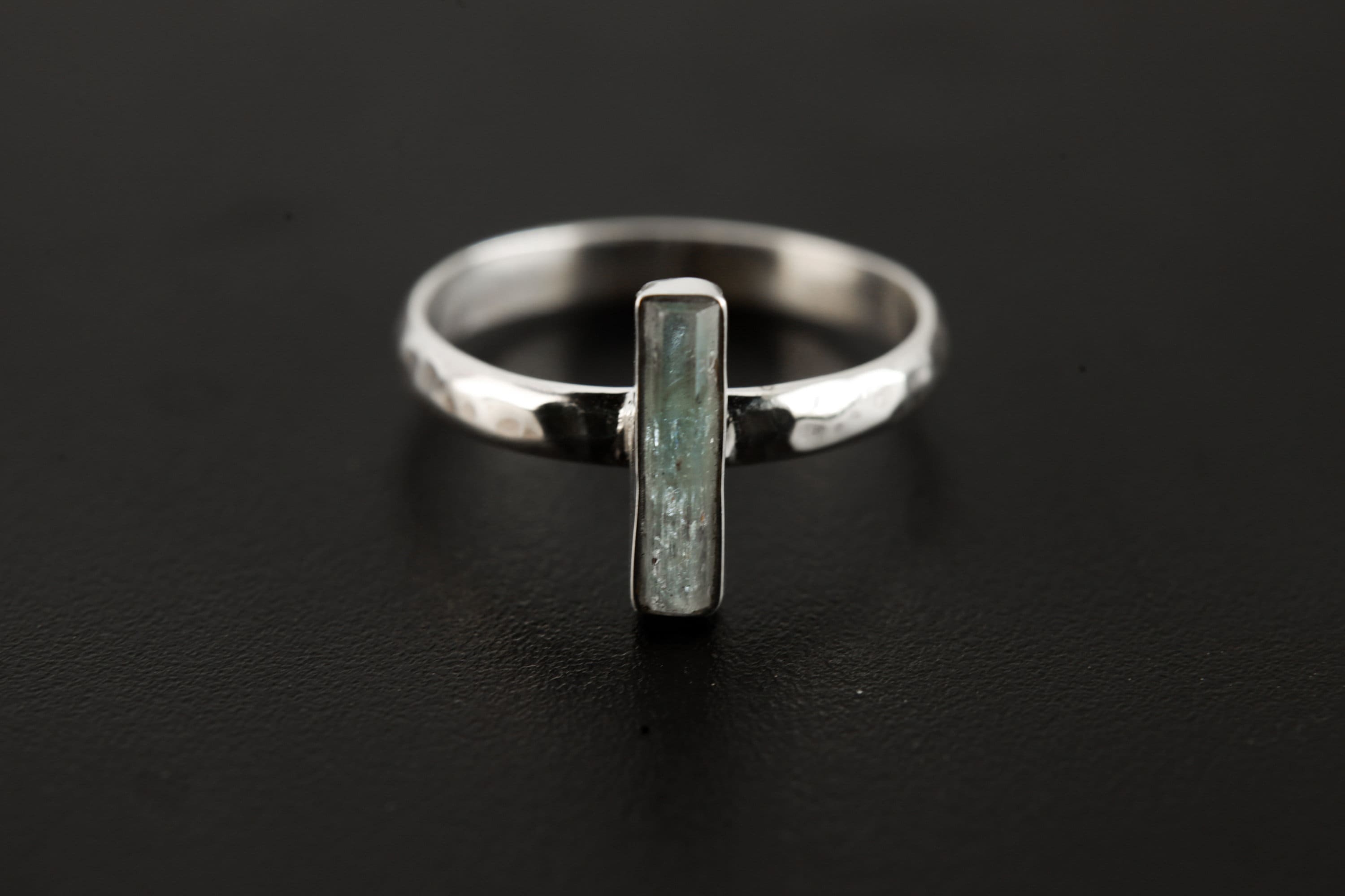 Long Aquamarine Ring 925 Sterling Silver Hammered Band Square Cut Blue Beryl Throat Chakra Jewelry Gift Size 8
