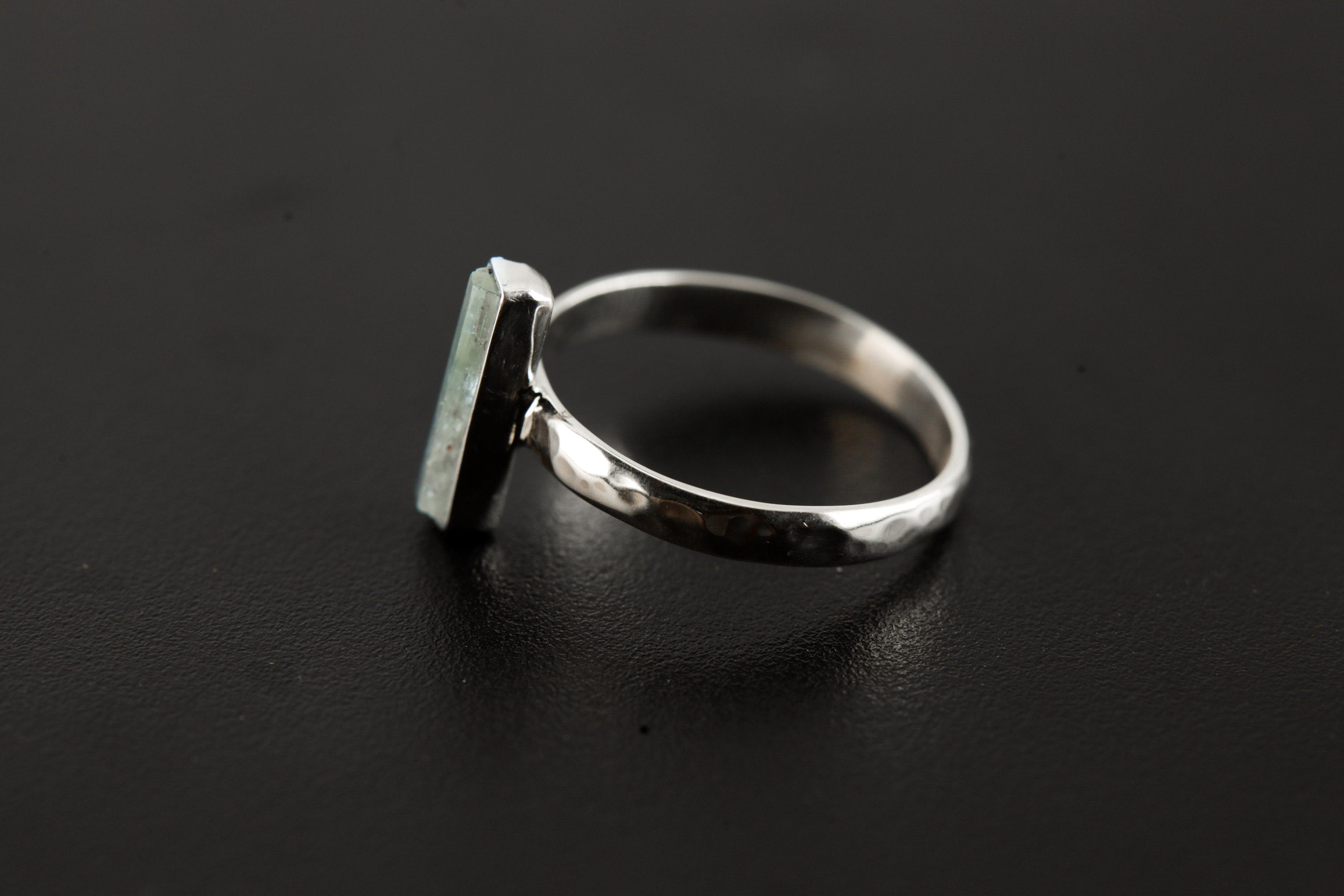 Sterling Silver Ring with Australian Gem Aquamarine, Hammer Textured & Shiny Half Round Band, Size 8 US, Throat Chakra, Pisces/Aquarius