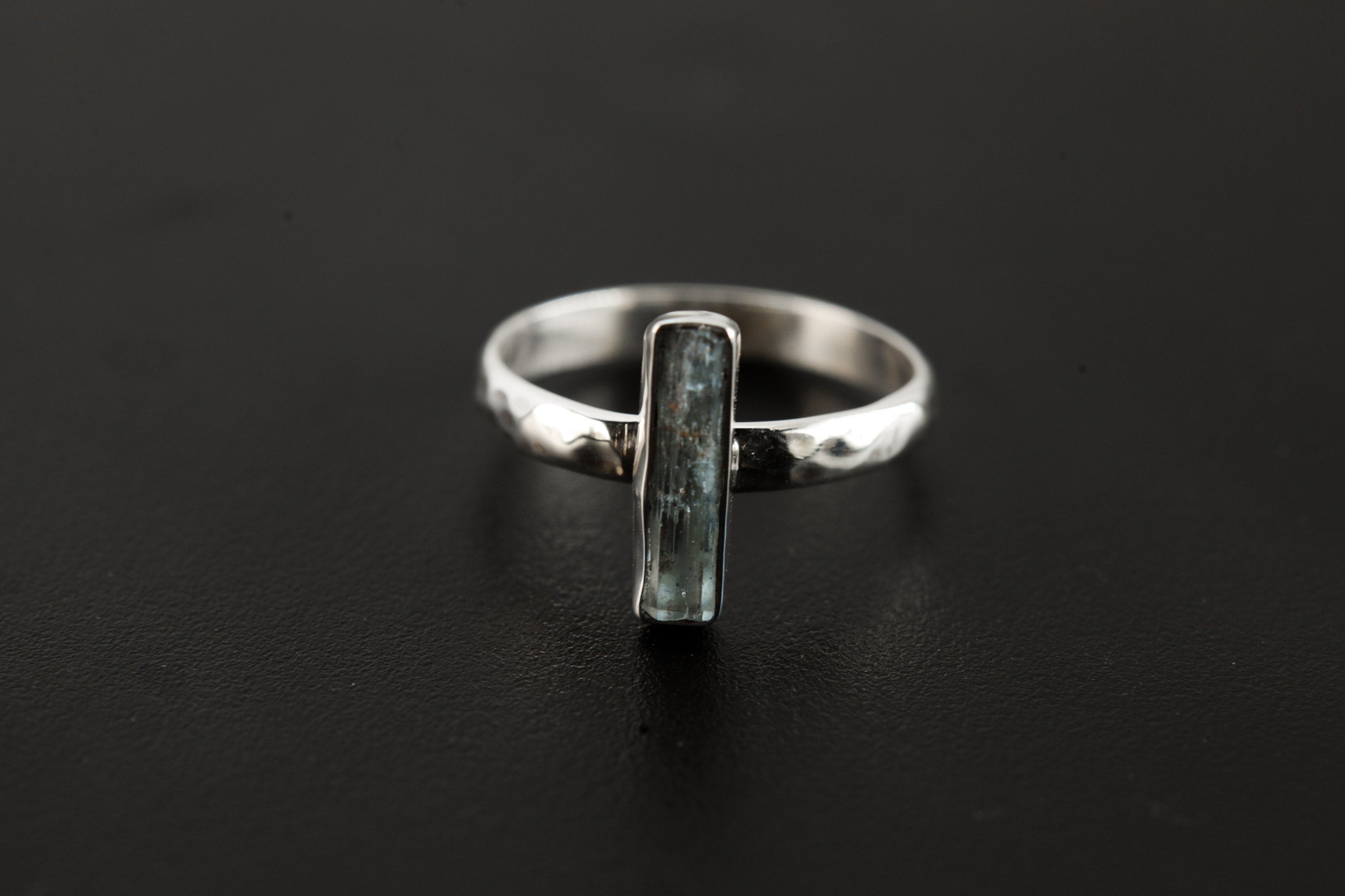 Aquamarine Crystal Ring, Natural Gem, Sterling Silver, Hammer Textured & Shiny Half Round Band Size 8 US, Throat Chakra, for Pisces/Aquarius