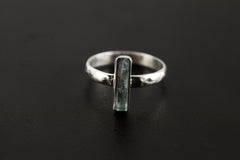Aquamarine Crystal Ring, Natural Gem, Sterling Silver, Hammer Textured & Shiny Half Round Band Size 8 US, Throat Chakra, for Pisces/Aquarius