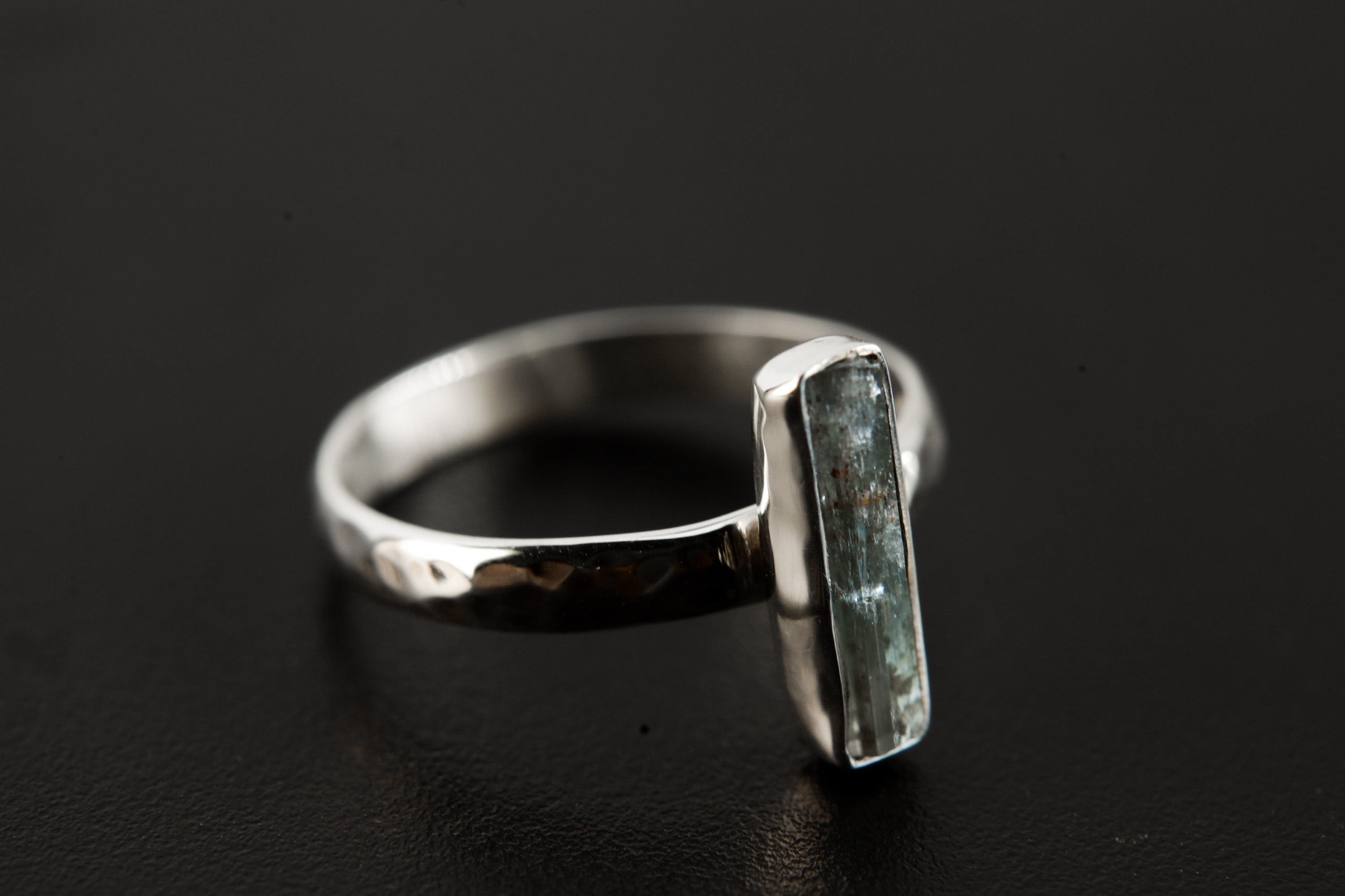 Long Square Aquamarine Ring 925 Sterling Silver Hammered Band Throat Chakra Pisces Aries Gemini Jewelry Gift Size 8