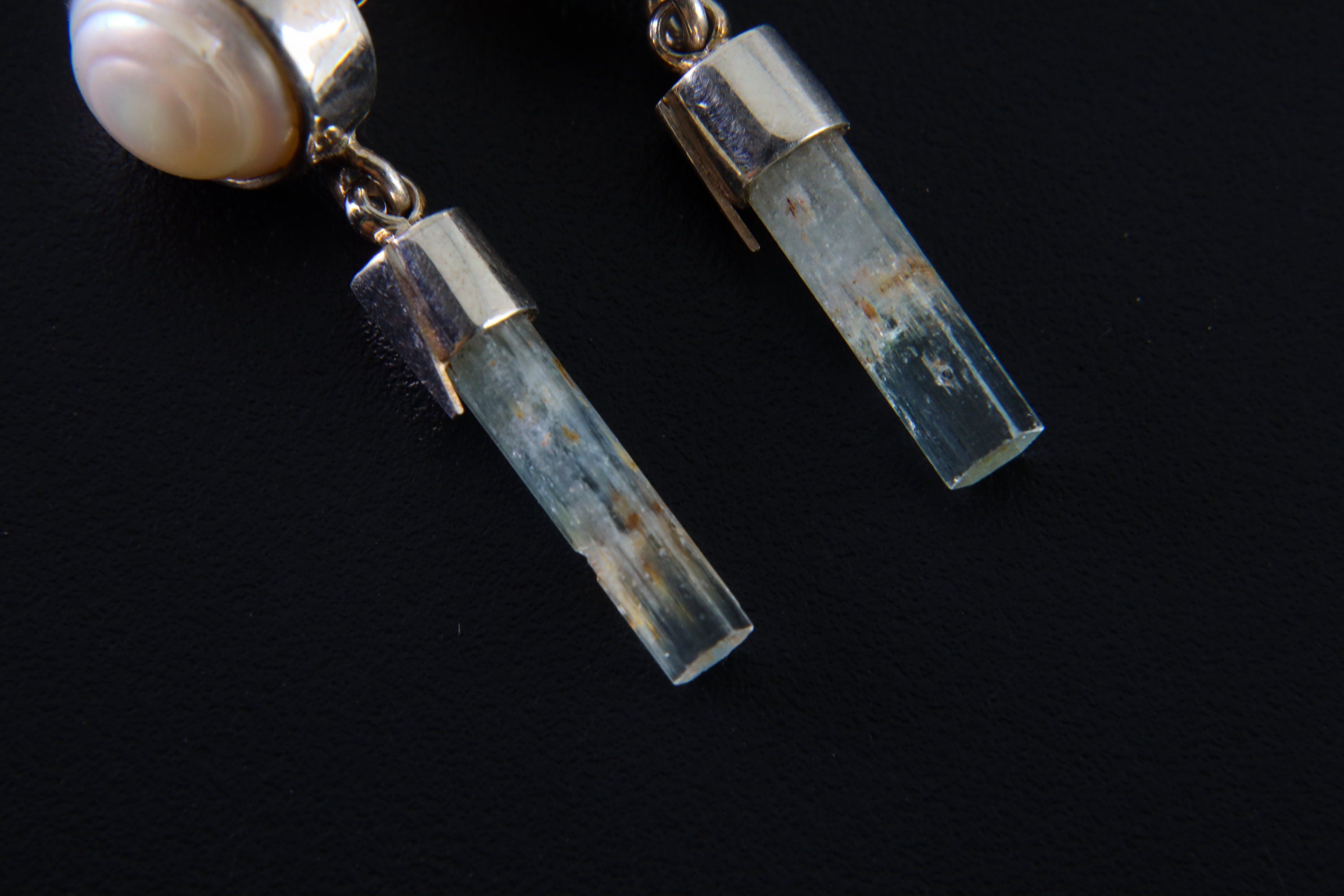 Pair of South Sea Pearls & Raw Natural Aquamarine Studs - Polished Sterling Silver - Dangle Stud Earring