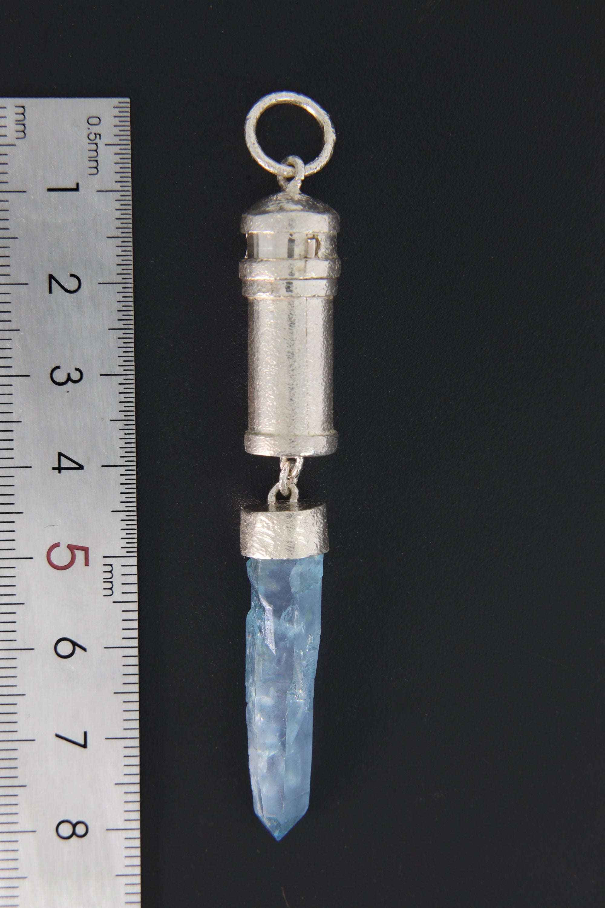 Dangling Aqua Aura Quartz Point - Sizable Solid Capsule Locket - Stash Urn - Textured & Sterling Silver Pendant