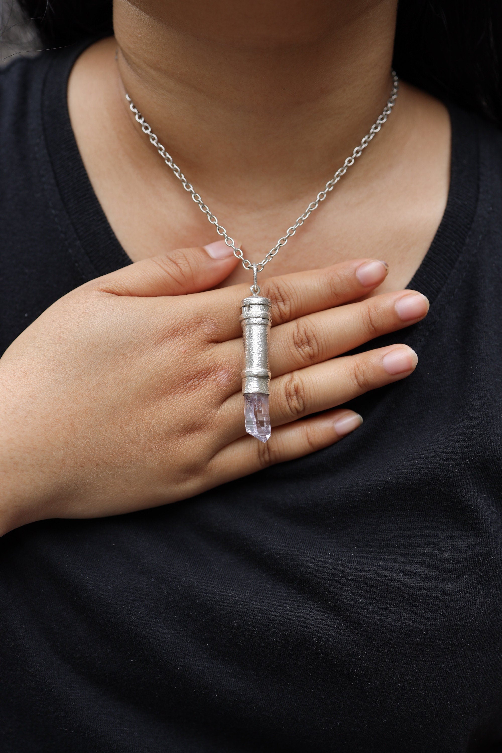Vera Cruz Amethyst Point - Sizable Solid Capsule Locket - Stash Urn - Textured & Sterling Silver Pendant