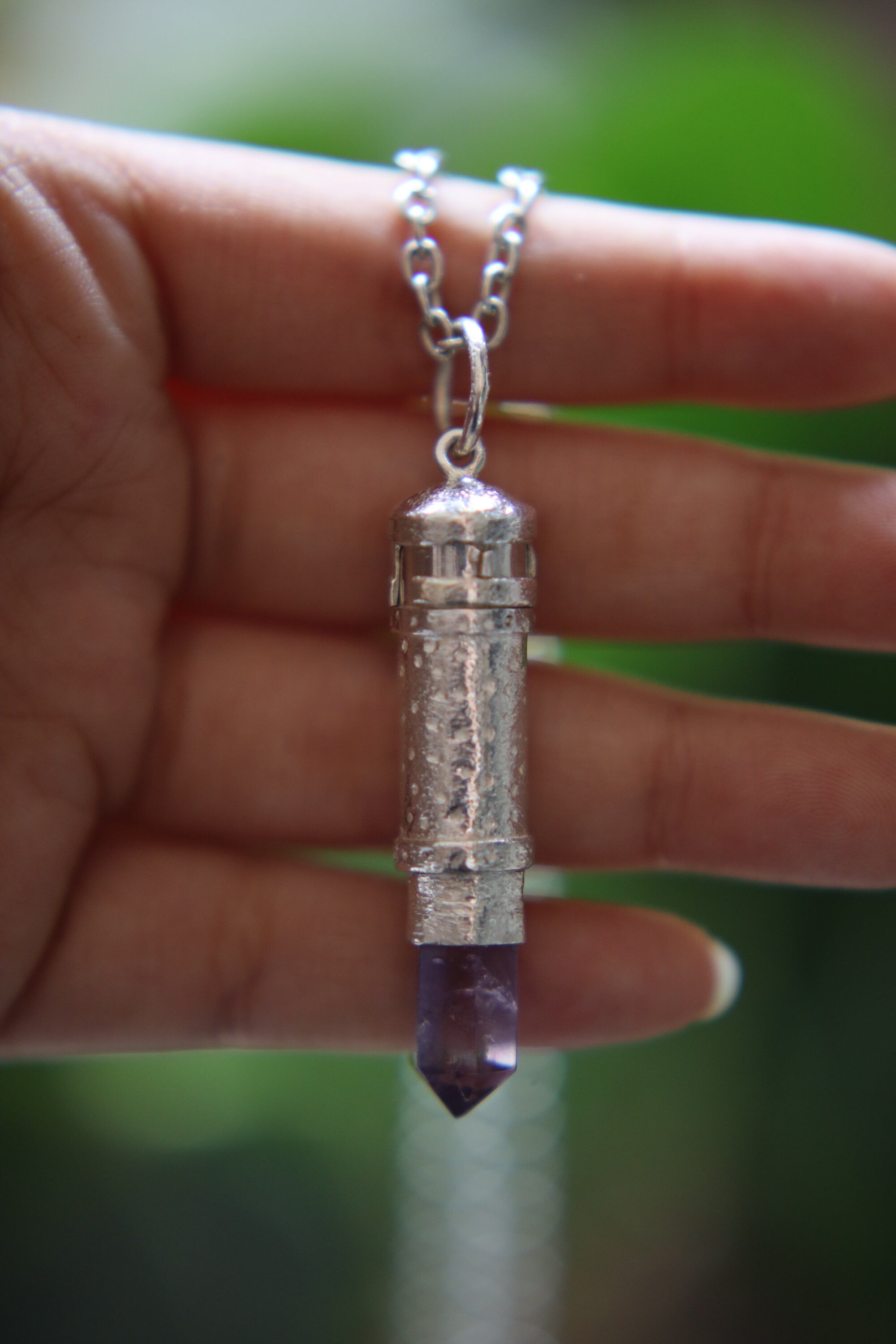 Cut Amethyst Generator Point - Sizable Solid Capsule Locket - Stash Urn - Textured & Sterling Silver Pendant