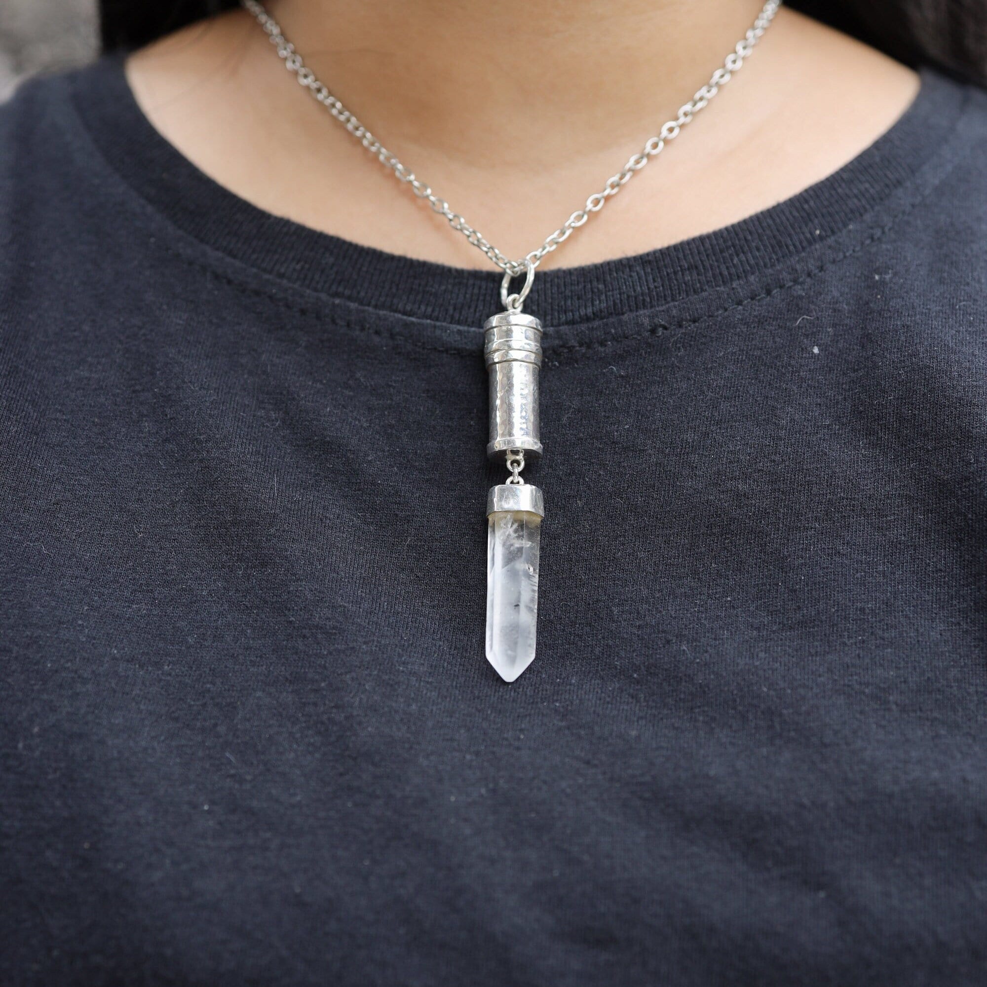 Sterling Silver Capsule Locket Necklace: Australian Quartz Point, Sand Texture