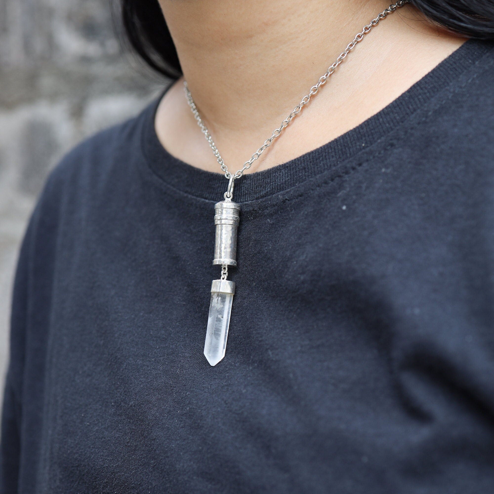 Sterling Silver Capsule Locket Necklace: Australian Quartz Point, Sand Texture