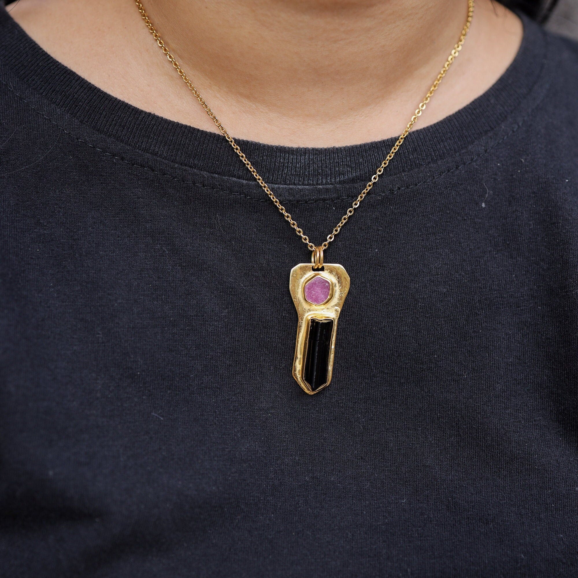 Brass Pendant adorned with Ruby & Black Tourmaline - Gold Plated - Double Bail Design