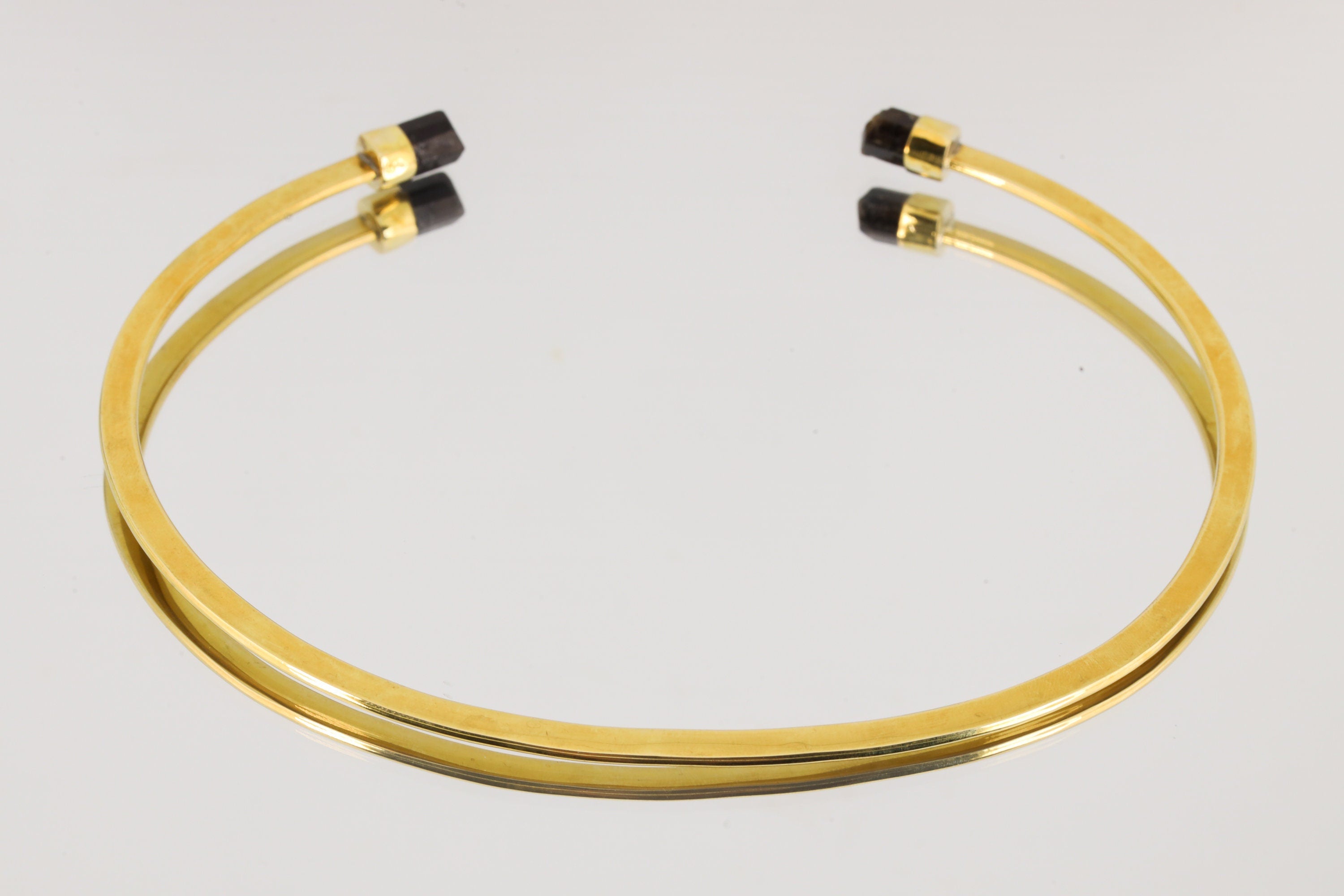 Two Gem Brown Tourmaline Points set on Gold Plated Solid Brass Cuff, Golden Neck Collar, Crystal Choker, Throat Cuff Flat