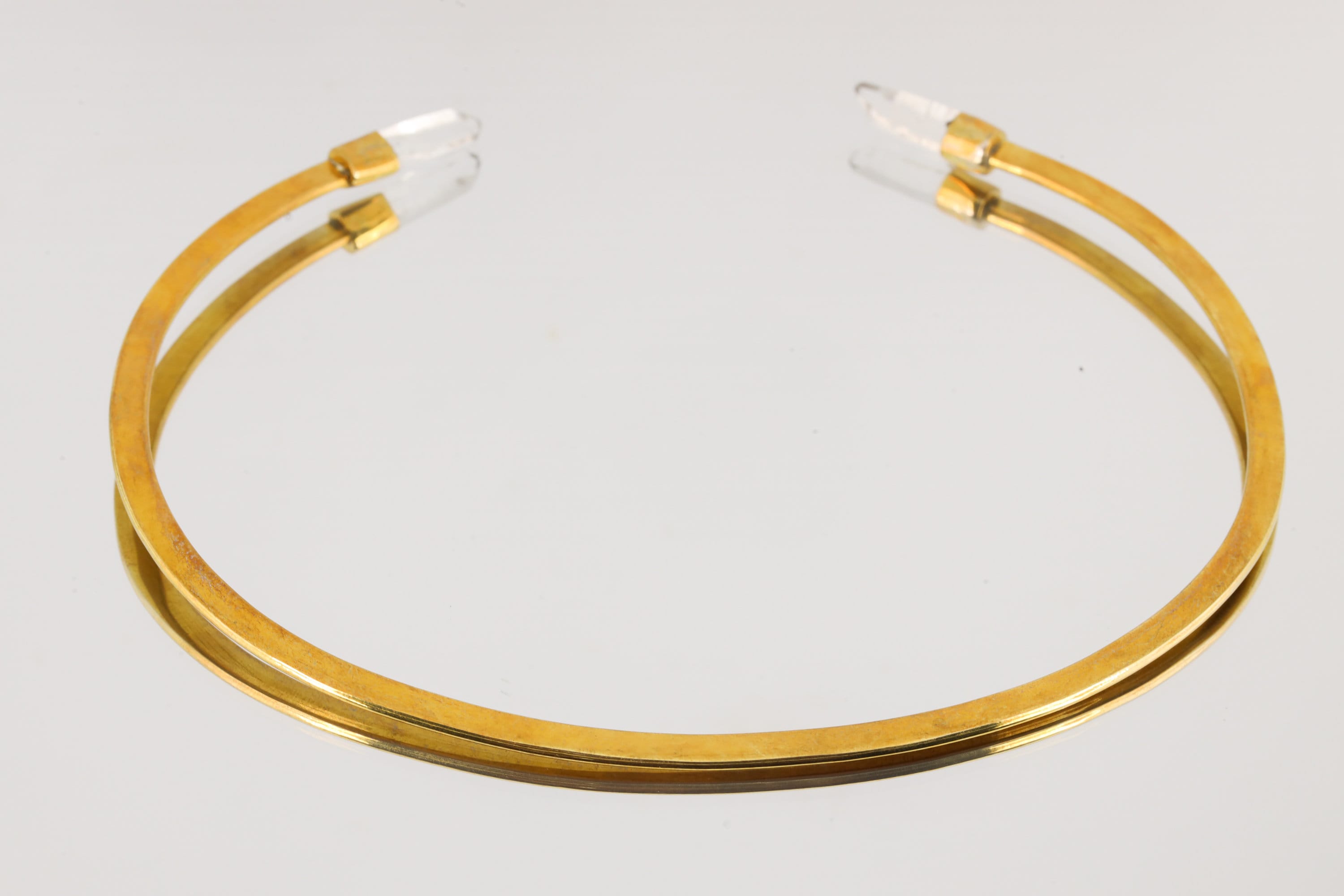 Two Lemurian Clear Quartz Points set on Gold Plated Solid Brass Cuff, Golden Neck Collar, Crystal Choker, Throat Cuff Flat