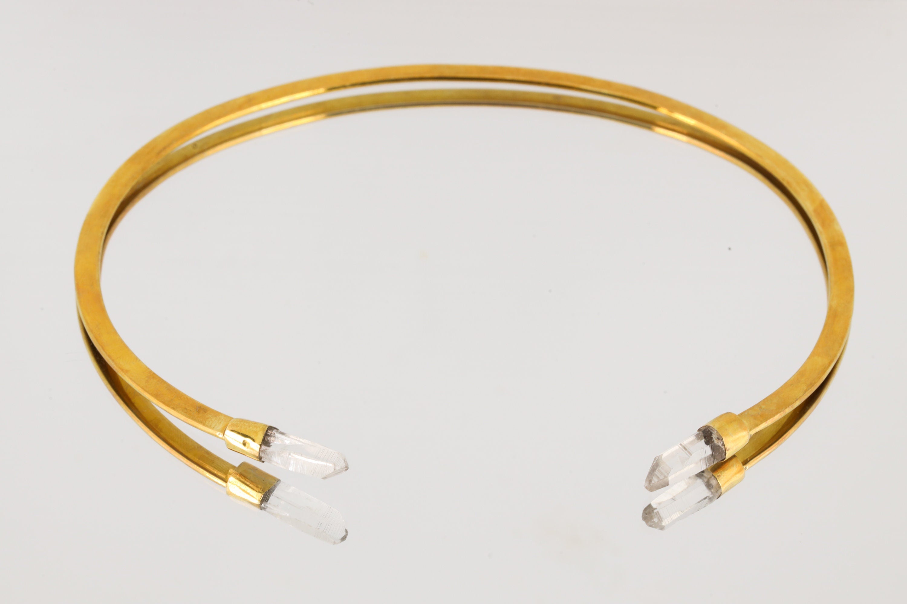 Two Lemurian Clear Quartz Points set on Gold Plated Solid Brass Cuff, Golden Neck Collar, Crystal Choker, Throat Cuff Flat