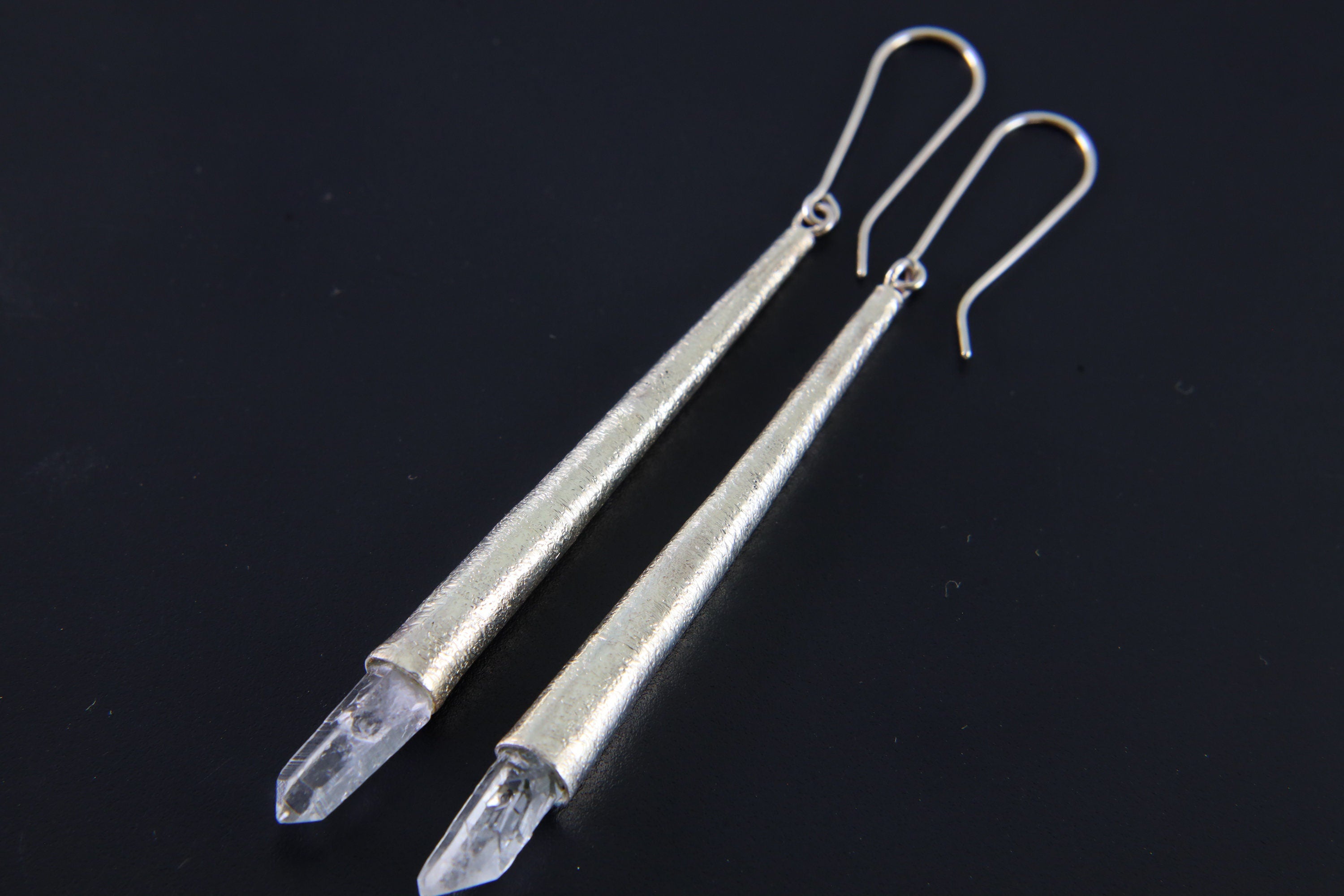 Sterling Silver Earrings with Lemurian Quartz Point Silver Spire Cones - High Shine Polish Sand Textured Finish - Enhances Energy & Healing