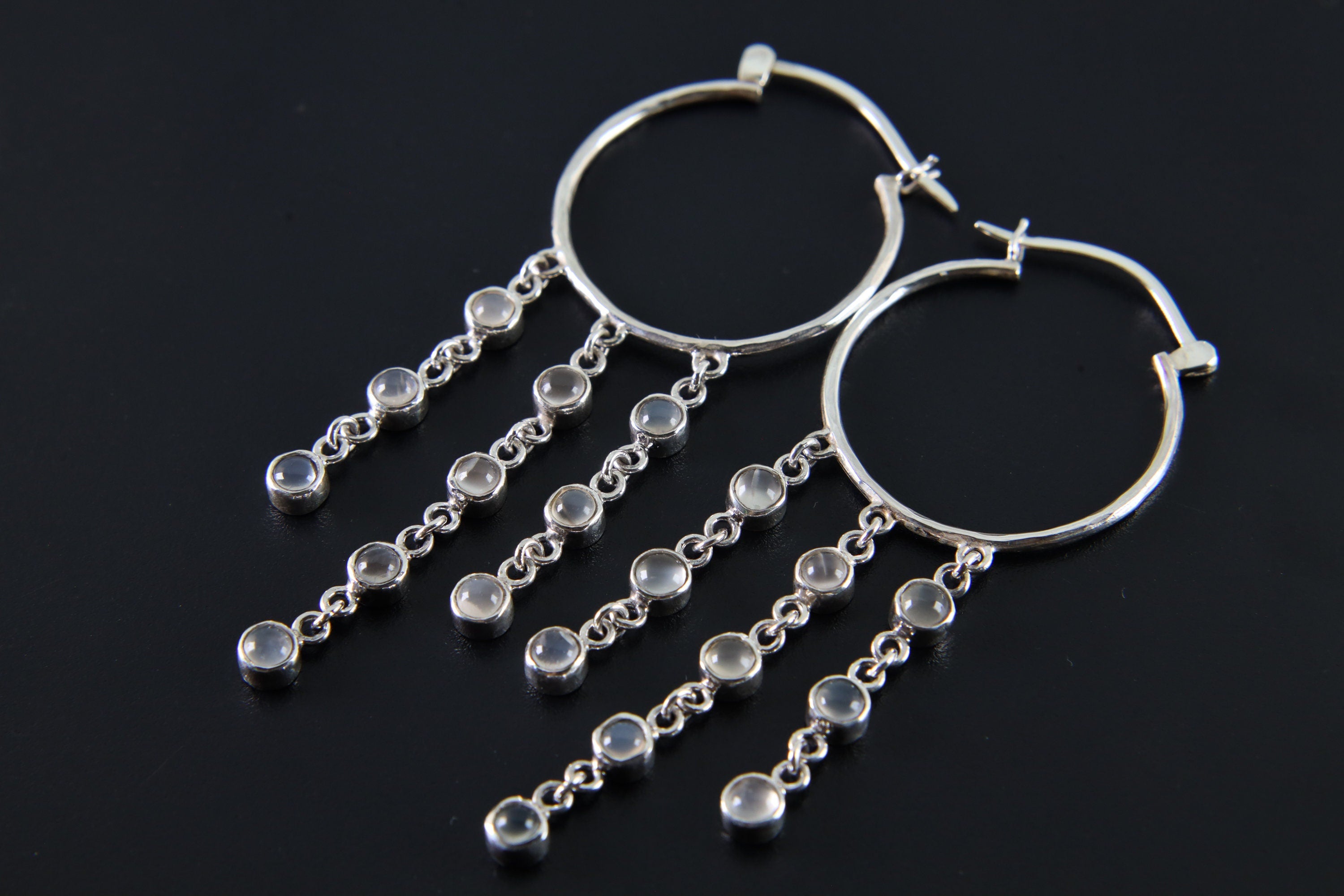 Cat Eye Moonstone Earrings 925 Sterling Silver Hoop Earrings Cascading Moonstone Third Eye Chakra Jewelry Gift