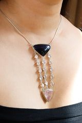Sterling Silver Pendant Featuring Triangular Precious Tanzanite & Cascading Rose Quartz Buttons Rose Quartz Triangle 16inch Adjustable Chain