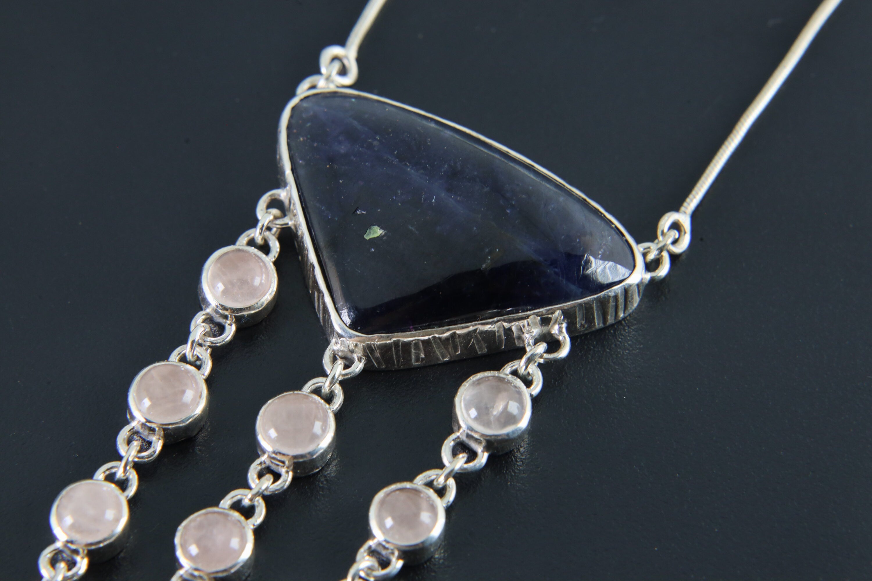Sterling Silver Pendant Featuring Triangular Precious Tanzanite & Cascading Rose Quartz Buttons Rose Quartz Triangle 16inch Adjustable Chain