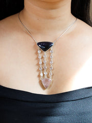 Sterling Silver Pendant Featuring Triangular Precious Tanzanite & Cascading Rose Quartz Buttons Rose Quartz Triangle 16inch Adjustable Chain