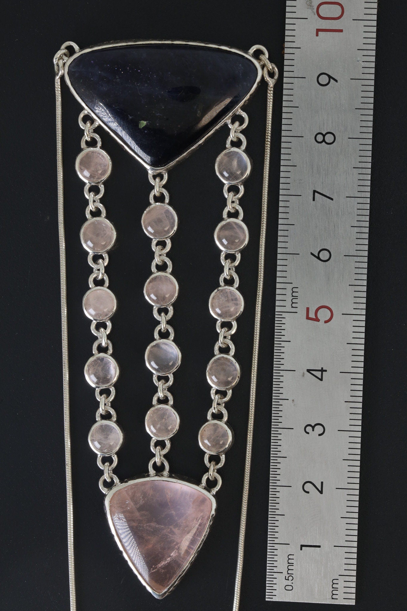 Tanzanite Rose Quartz Sterling Silver Pendant: Cascading Gemstone Necklace