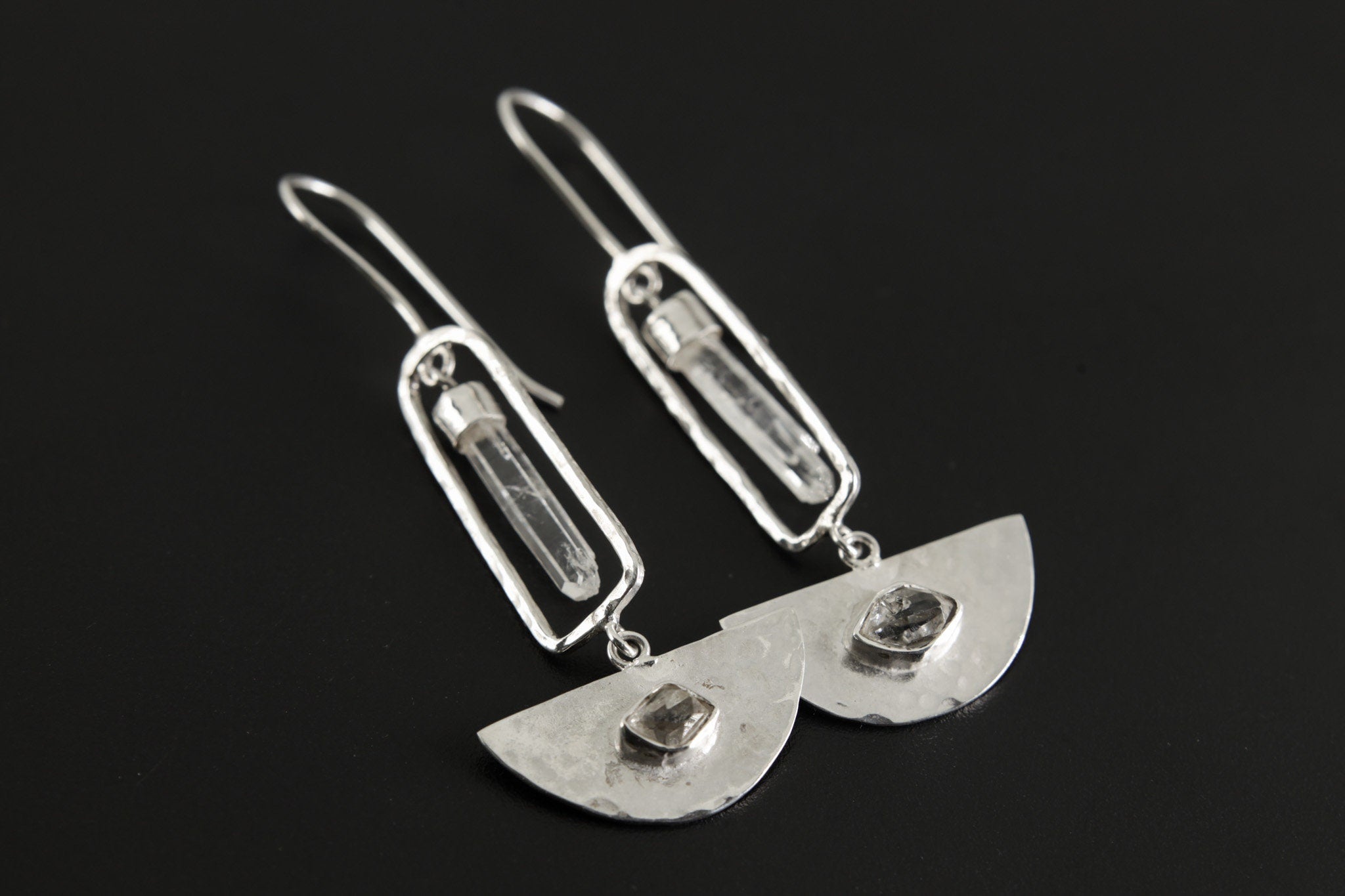 Art Deco Dangle Earrings with Aquamarine & Herkimer Diamonds, Shiny Hammered Texture, 925 Sterling Silver, Elegant Crystal Earring