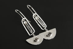 Art Deco Dangle Earrings with Aquamarine & Herkimer Diamonds, Shiny Hammered Texture, 925 Sterling Silver, Elegant Crystal Earring