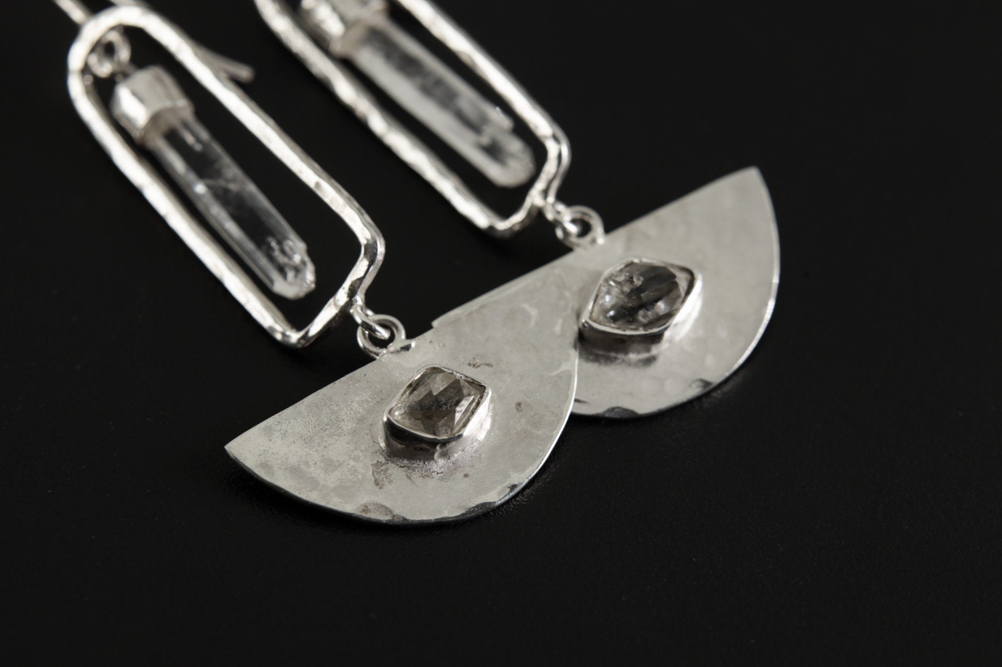 Art Deco Dangle Earrings with Aquamarine & Herkimer Diamonds, Shiny Hammered Texture, 925 Sterling Silver, Elegant Crystal Earring